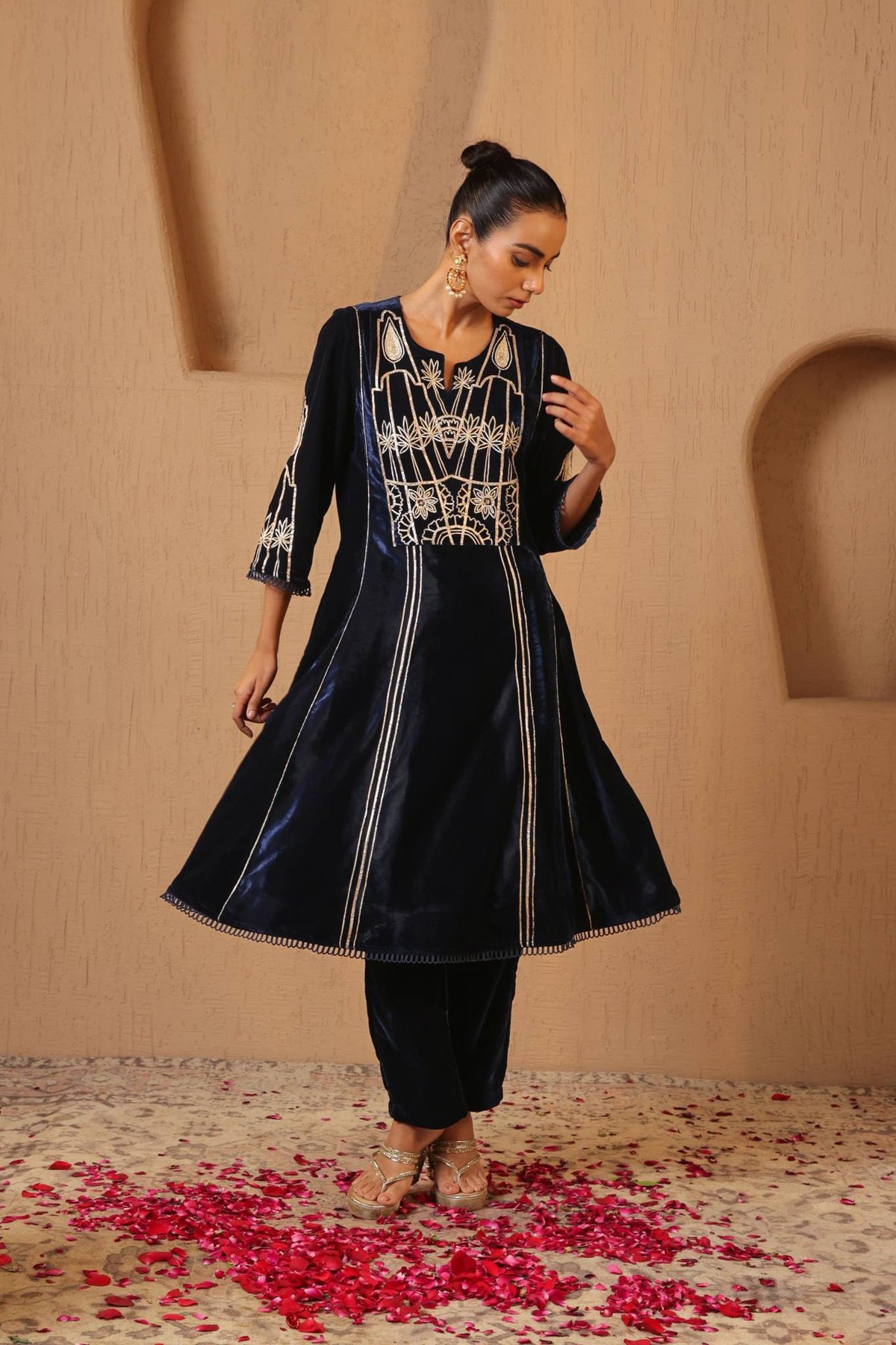 Navy Velvet Anarkali Kurta Set with Gota Embroidered Yoke