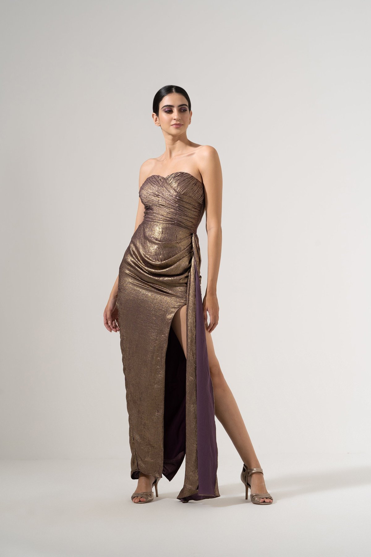 Gold Plum Metallic Sweetheart Strapless Maxi Gown