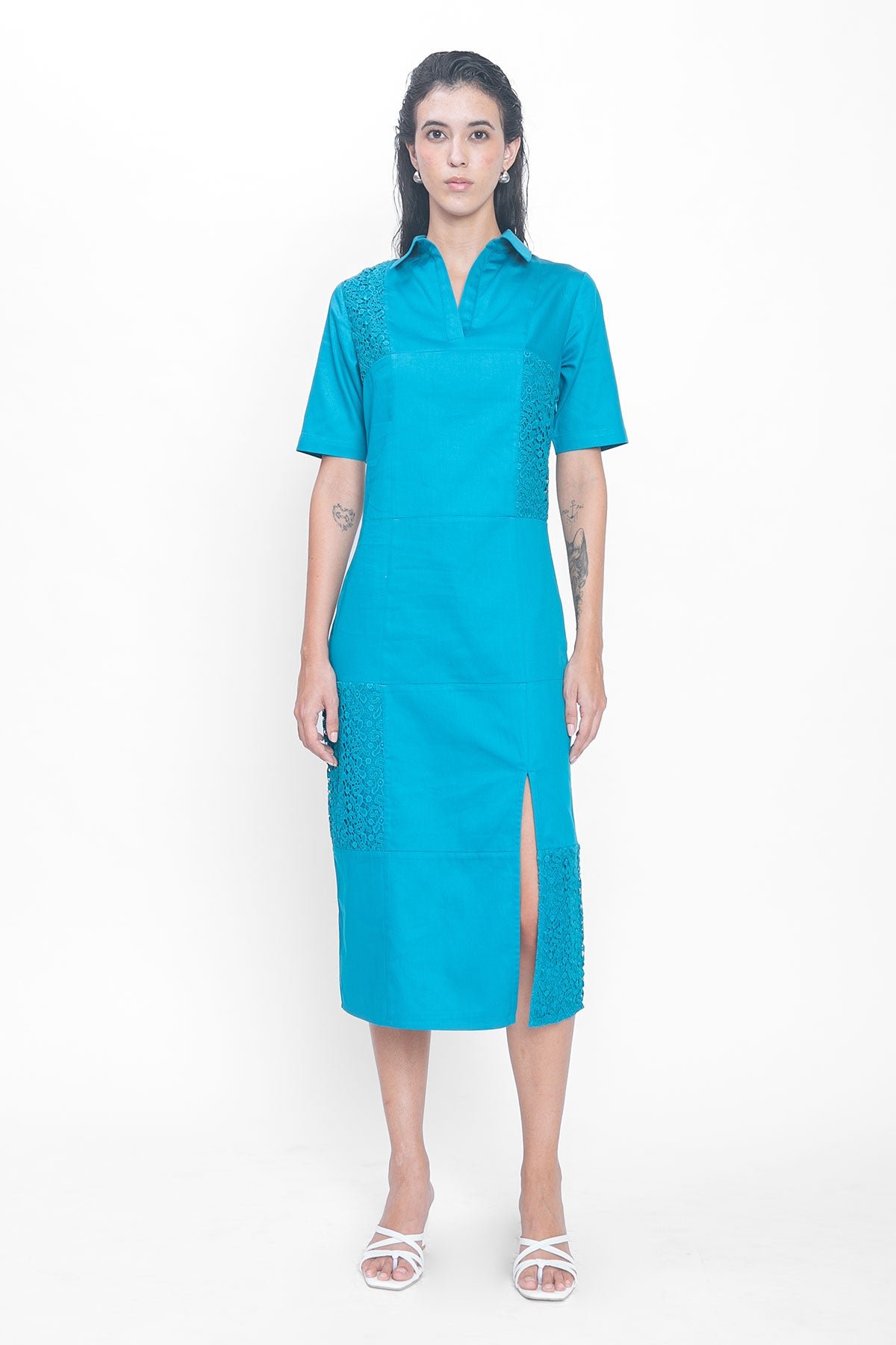 Turquoise Blue Schiffli Panel Slim Fit Midi Shirt Dress