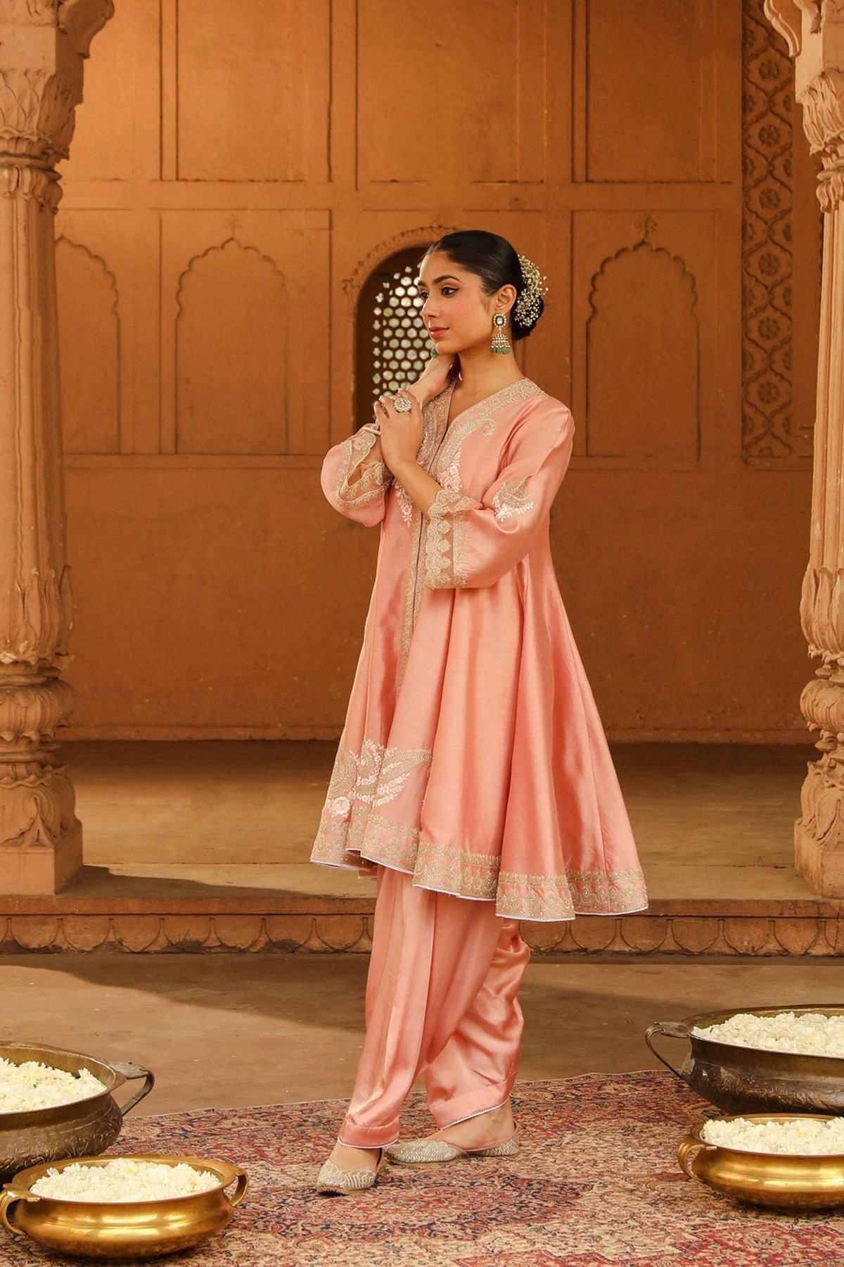 Off Rose Short Anarkali Suit Set with Dupatta