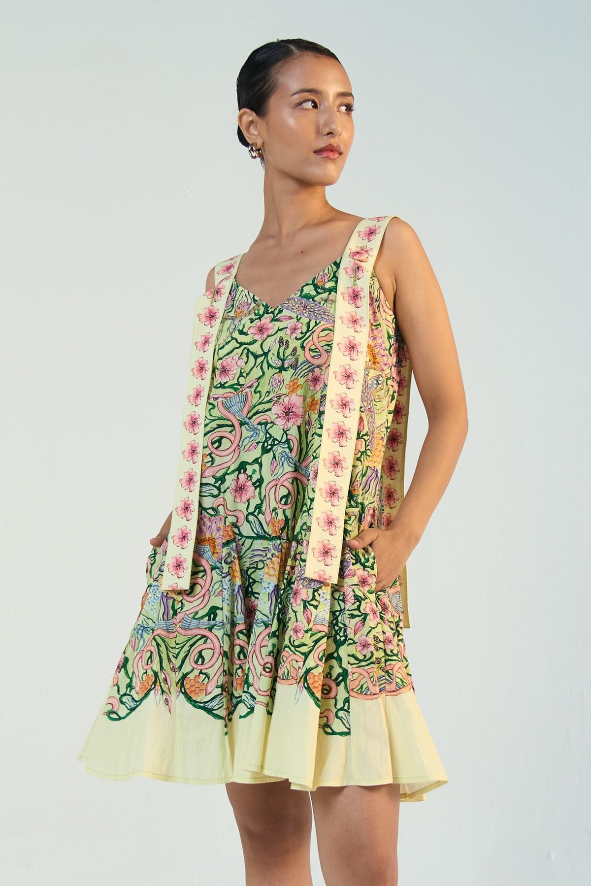 Multicoloured Printed Cotton Godet Hem Mini Dress