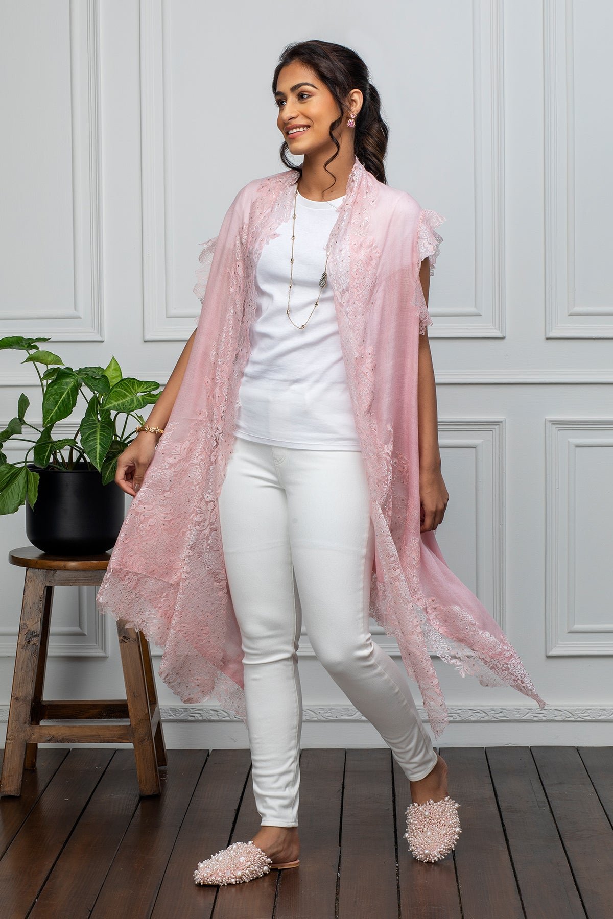 Soft Pink Wool Lace-Trim Cape