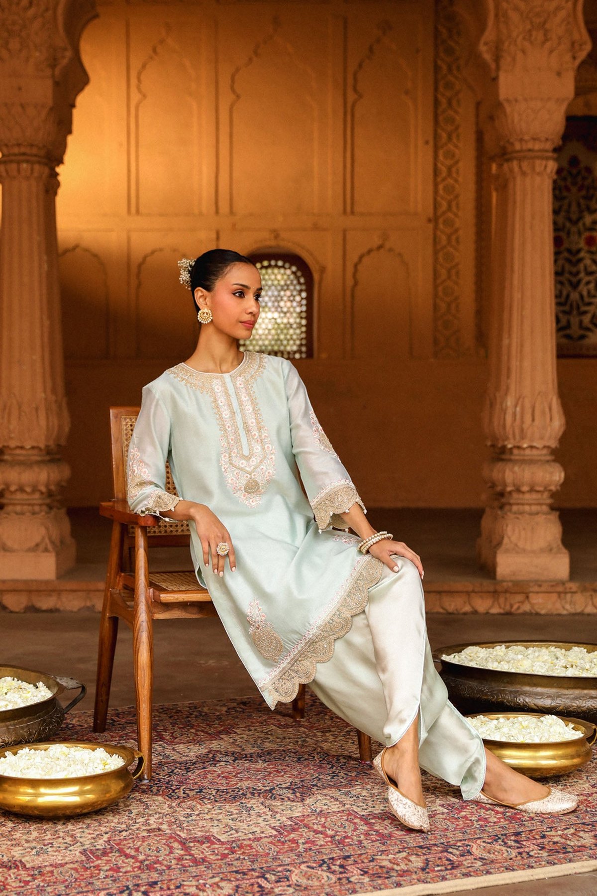 Misty Green Embroidered Kurta and Dhoti Set
