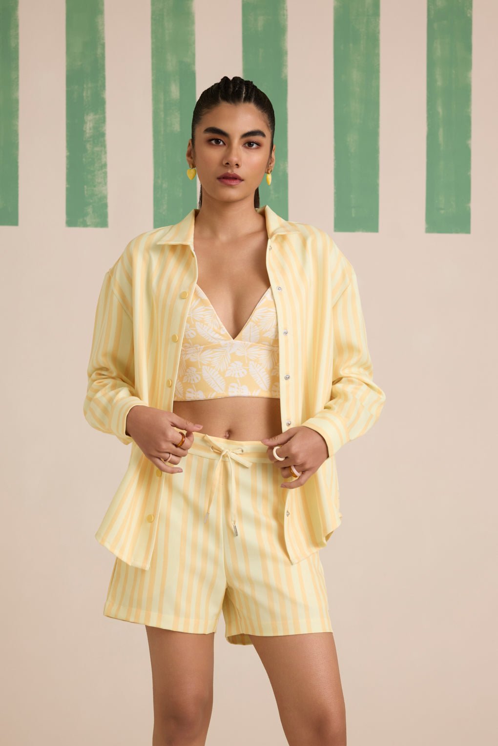 Butter Yellow 3-Piece Striped Shirt and Shorts Co-ord Set