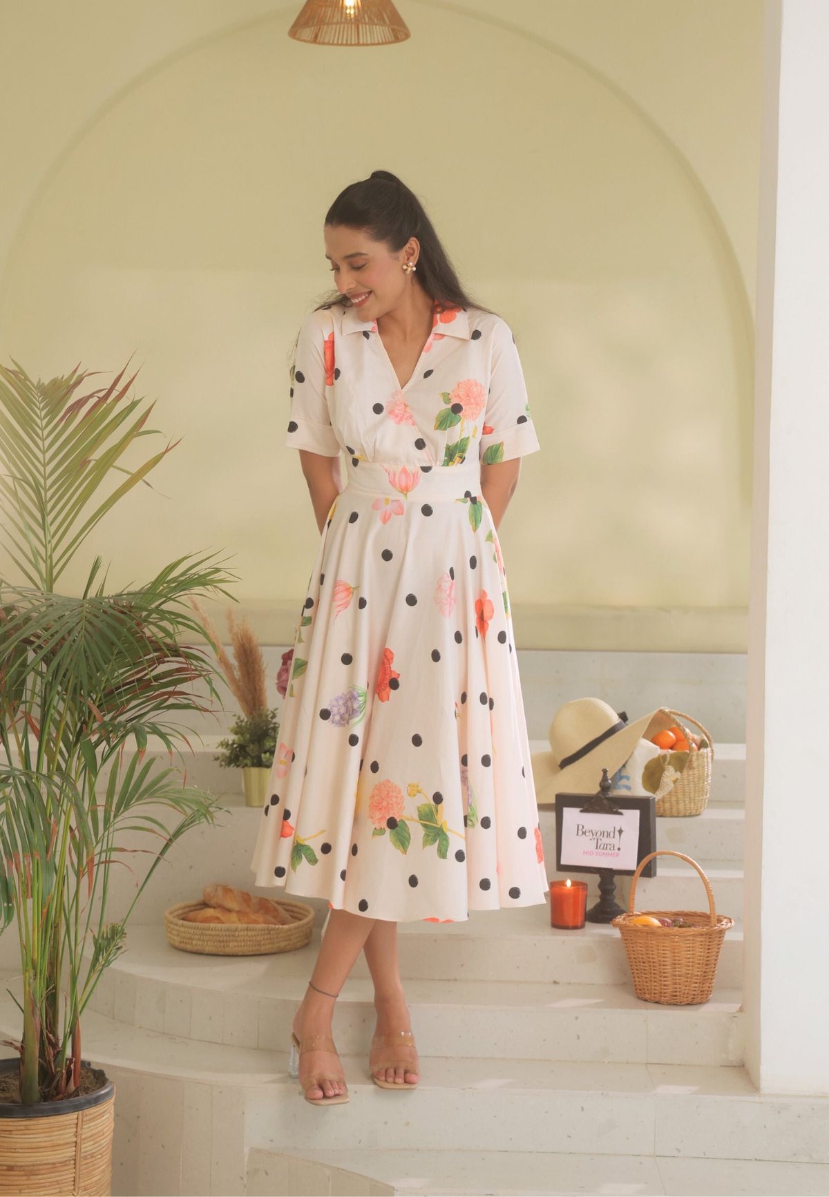 White/Multicolor Collared Fit and Flare Midi Dress