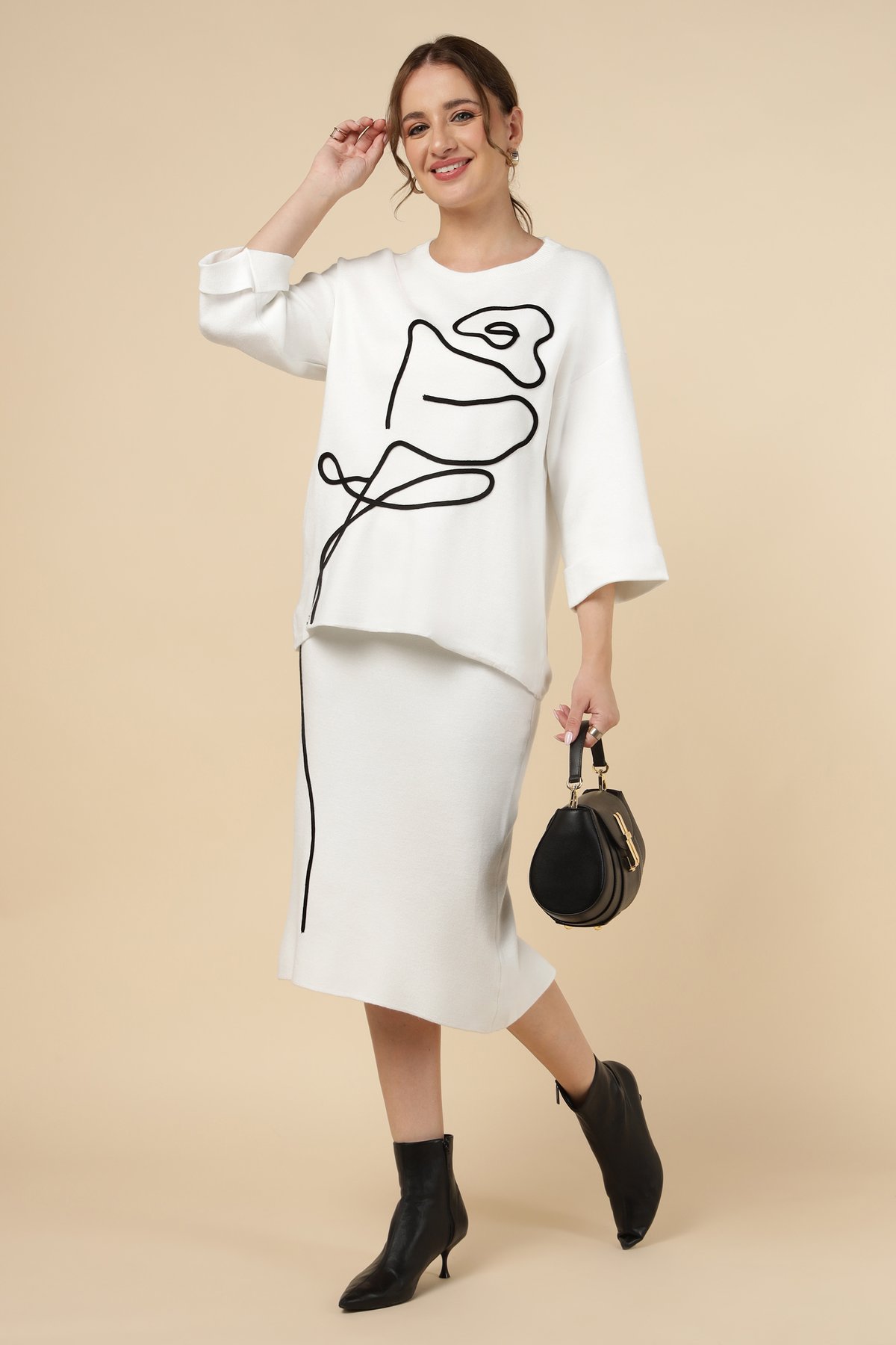 White Knit Top and Midi Pencil Skirt Co-ord Set