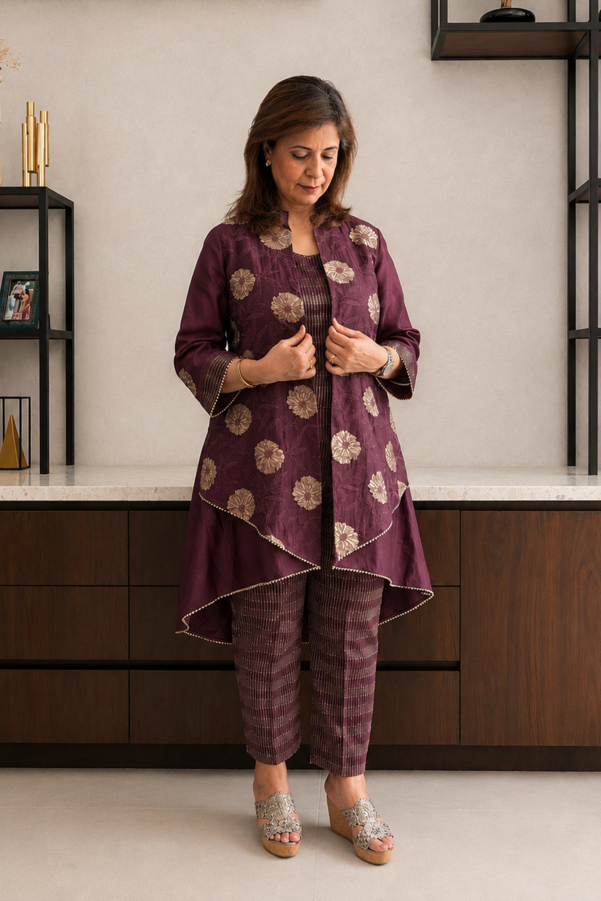 Wine High-Low Embroidered Chanderi Jacket Set