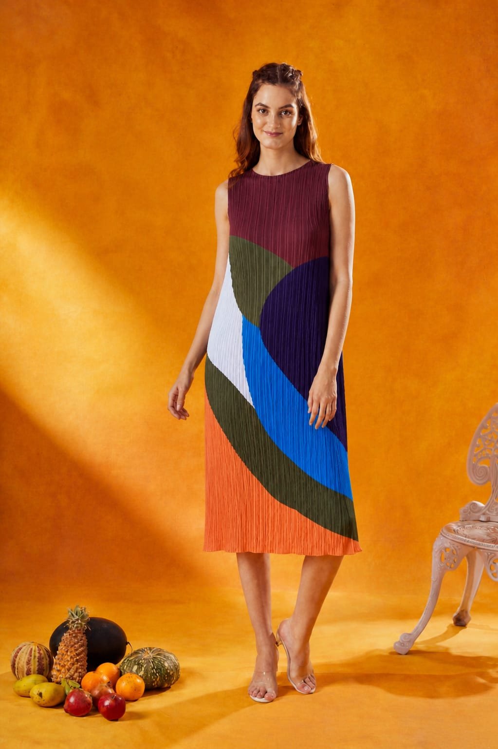 Multicolour Colorblocked Pleated Knee-Length Dress
