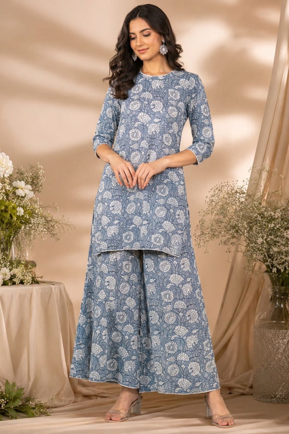 Blue Floral Printed Cotton Kurta Set