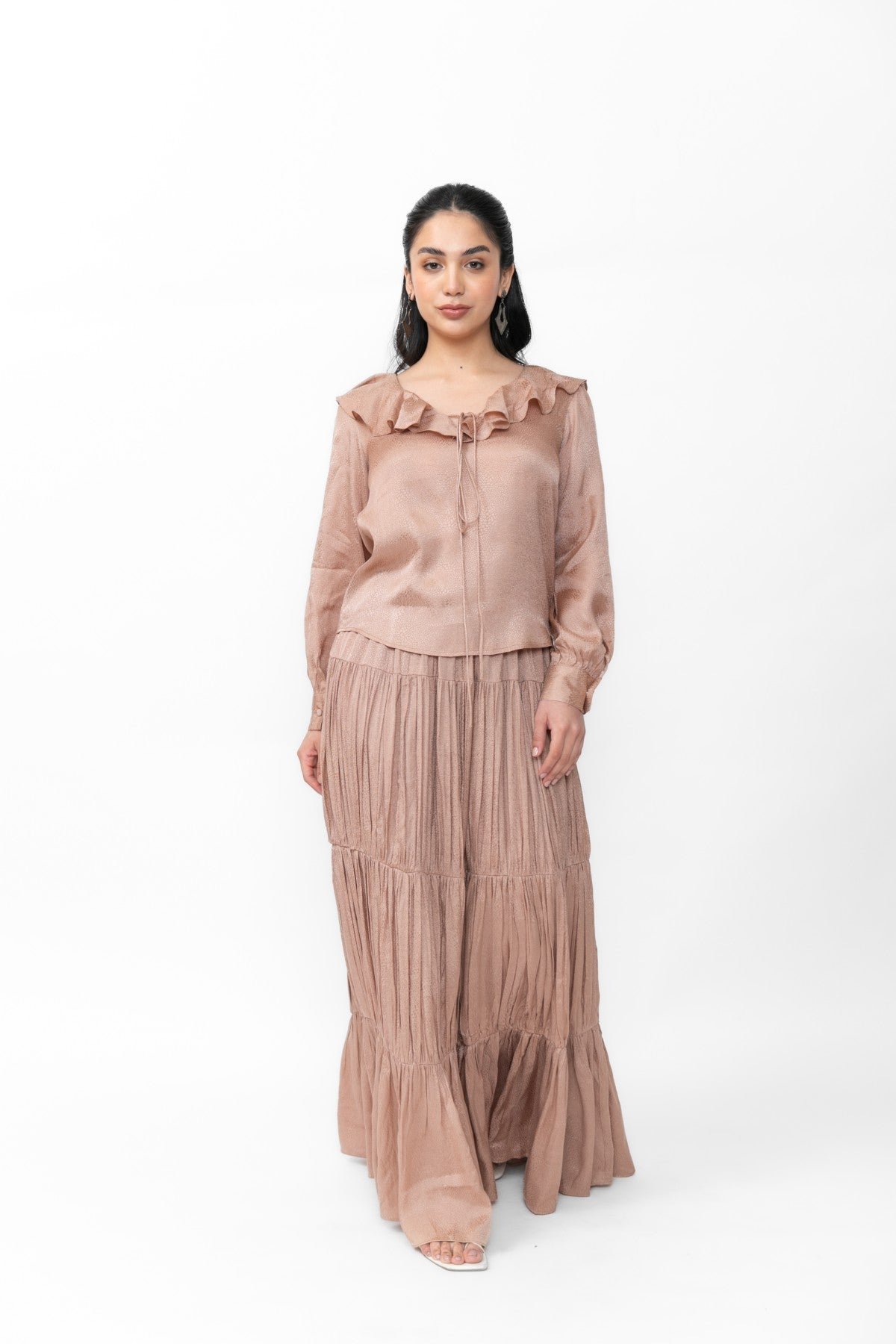 Peach Ruffle-Neck Top and Tiered Maxi Skirt Co-ord Set