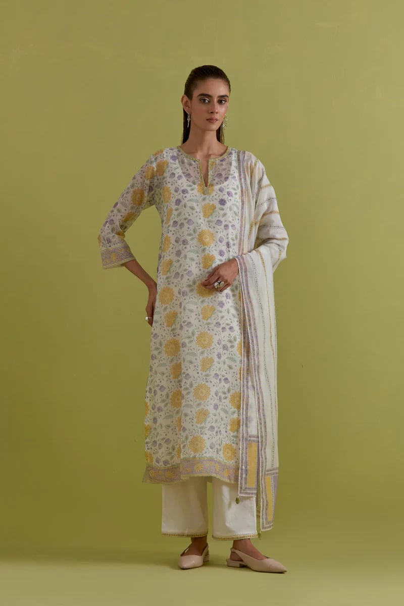 Off White Block Printed Straight Kurta Set