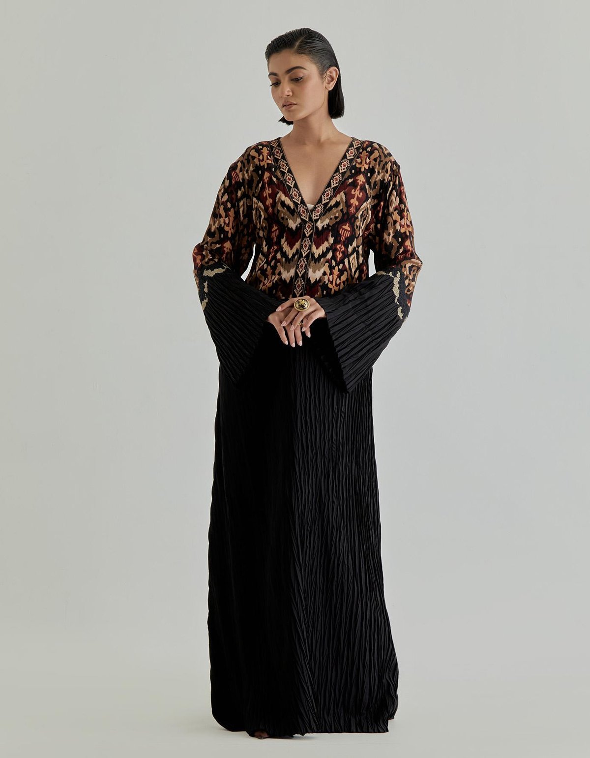 Black Jaspe Long Kaftan In Crinkle & Crepe Fabric