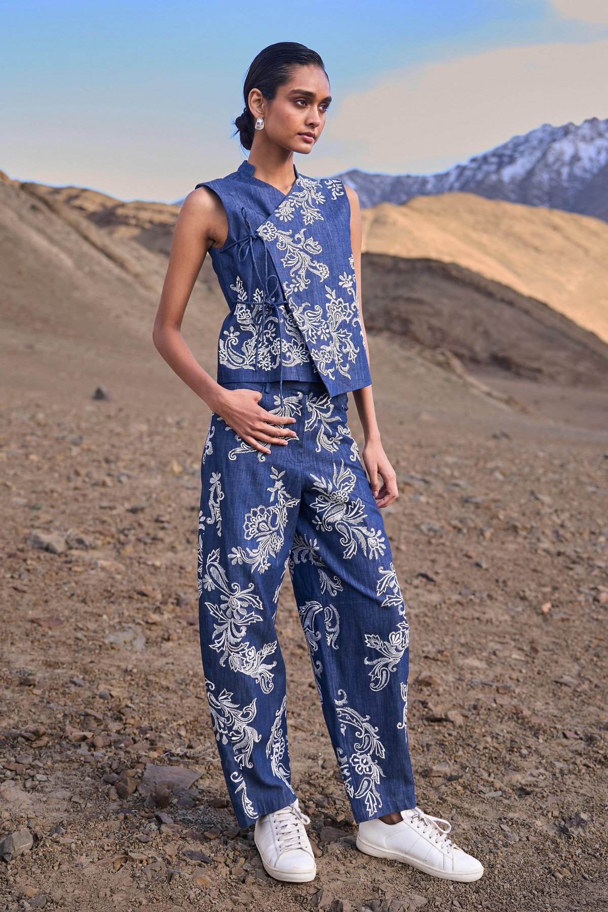 Indigo Denim Embroidered Sleeveless Wrap Top