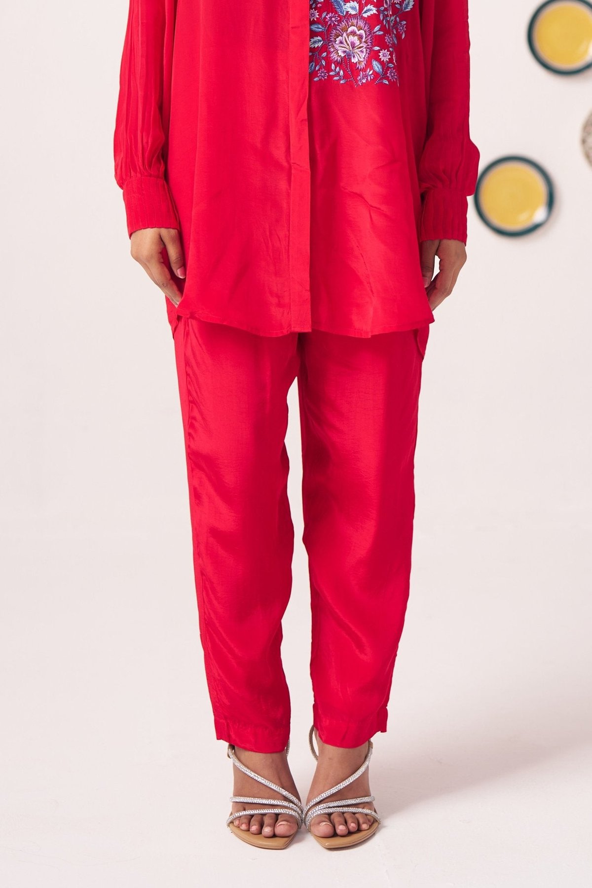 Red Viscose Crepe Straight-Leg Full-Length Trousers