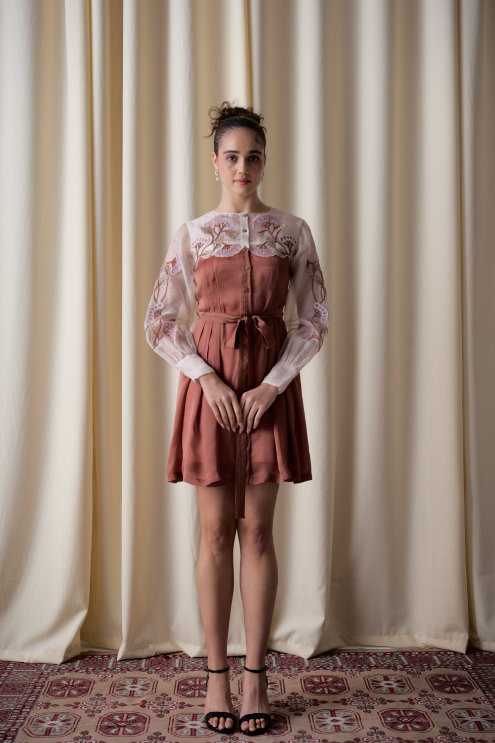 Mocha Fit and Flare Dress with Sheer Embroidered Yoke