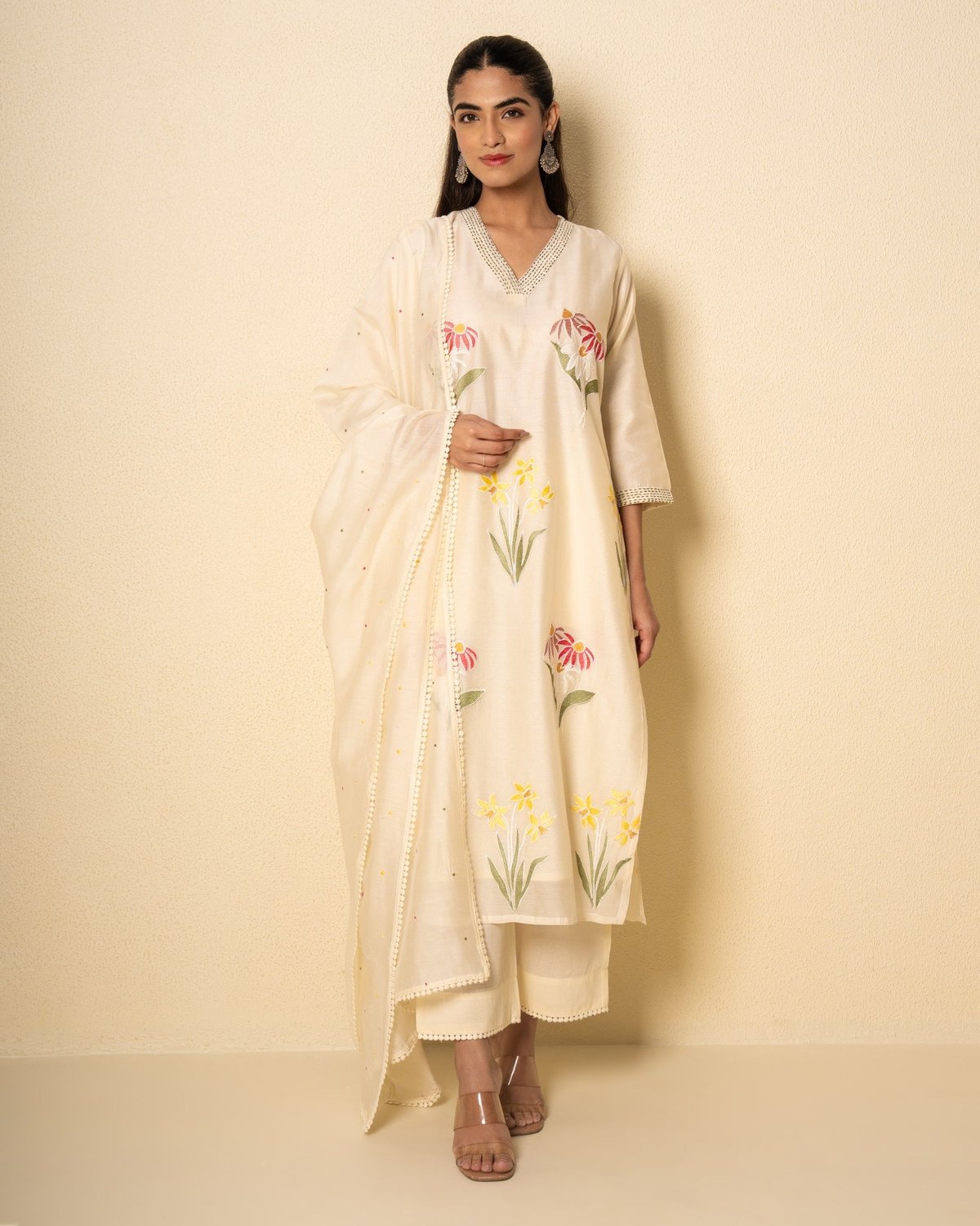 Spring Ivory Chanderi Floral Embroidered Suit Set (Set Of 3)