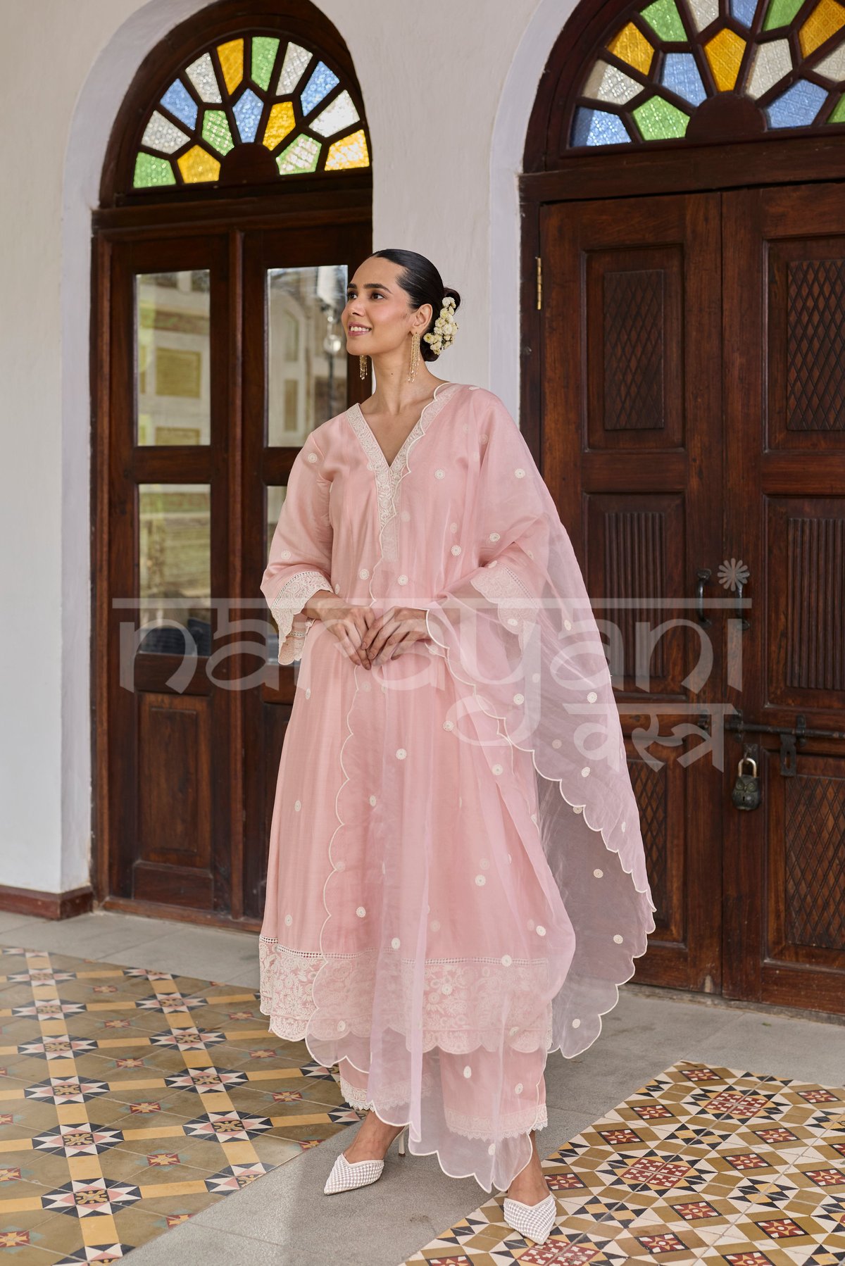 Blush Pink Chanderi A-Line Suit Set with Organza Dupatta