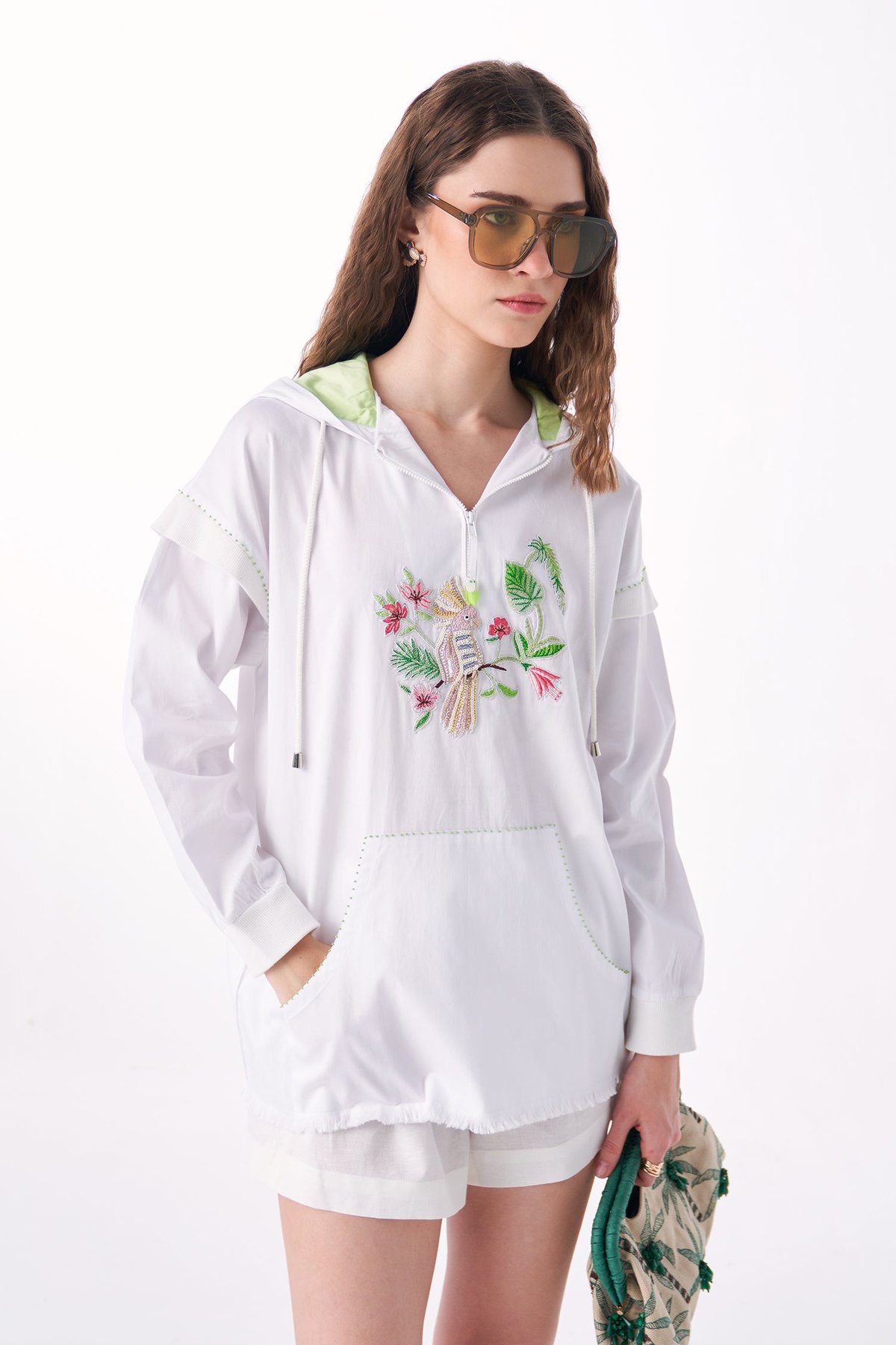 White Hooded Zip-Neck Shirt with Parrot Embroidery
