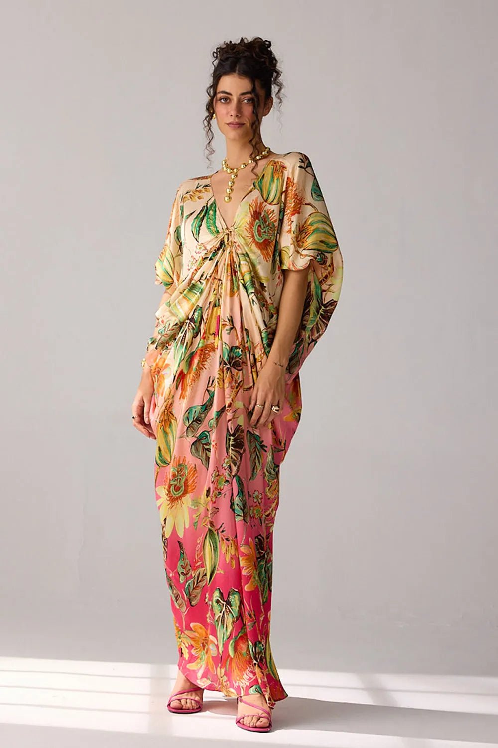 Pink Ombre Floral Kaftan Maxi Dress