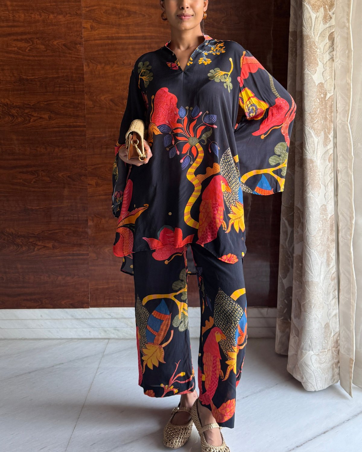 Multicolor Tropical Print Tunic and Wide-Leg Co-ord Set