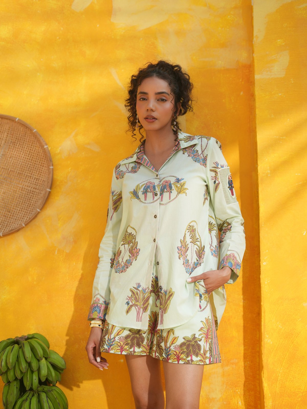 Cool Mint Tropical Printed Cotton Button-Down Shirt