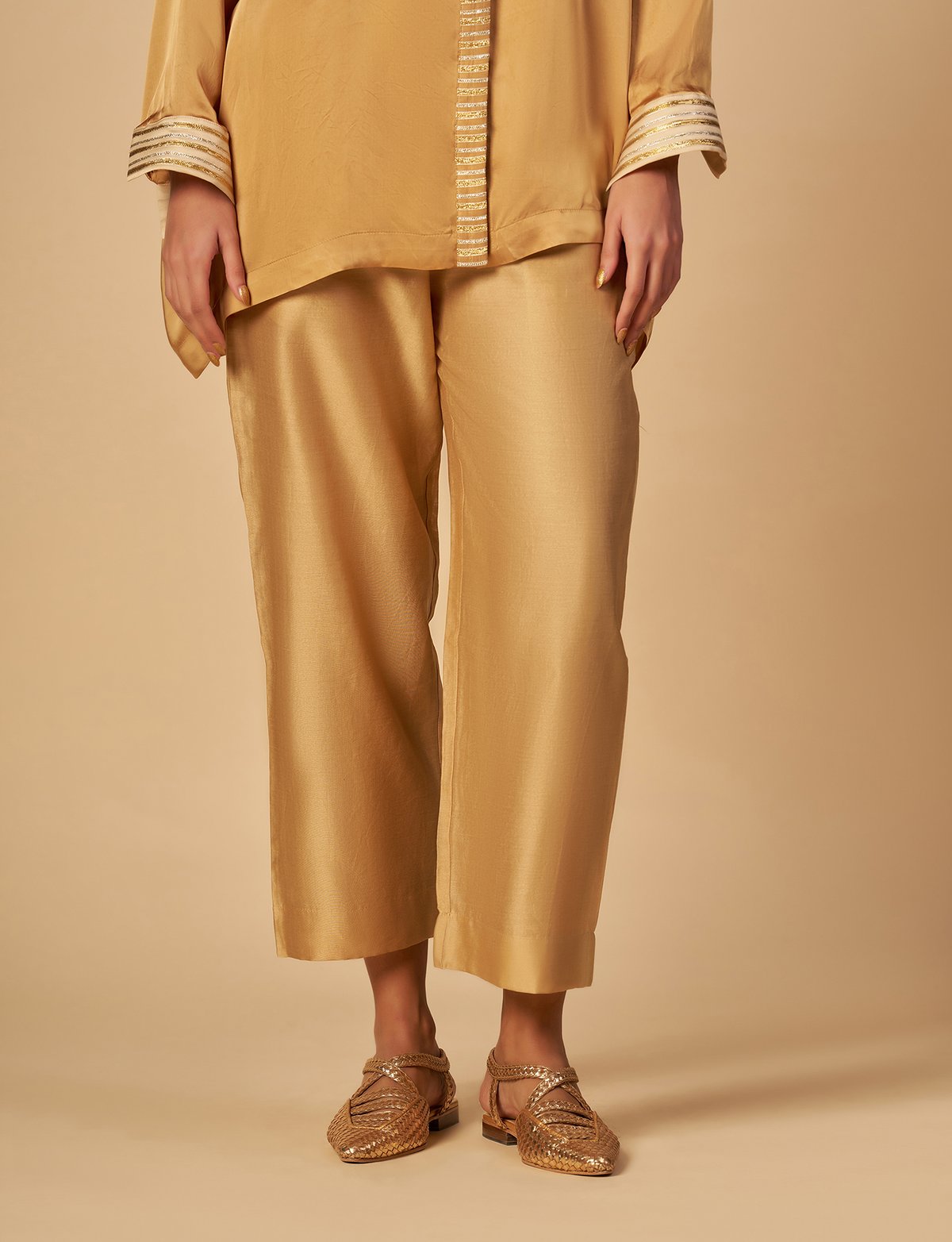 Beige Silk Chanderi Straight-Leg Trousers with Gota