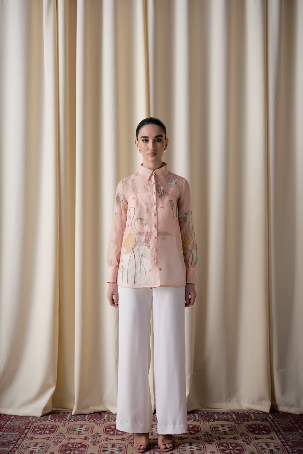 Peach Sheer Organza Shirt and Ivory Pants 3-Piece Co-ord Set