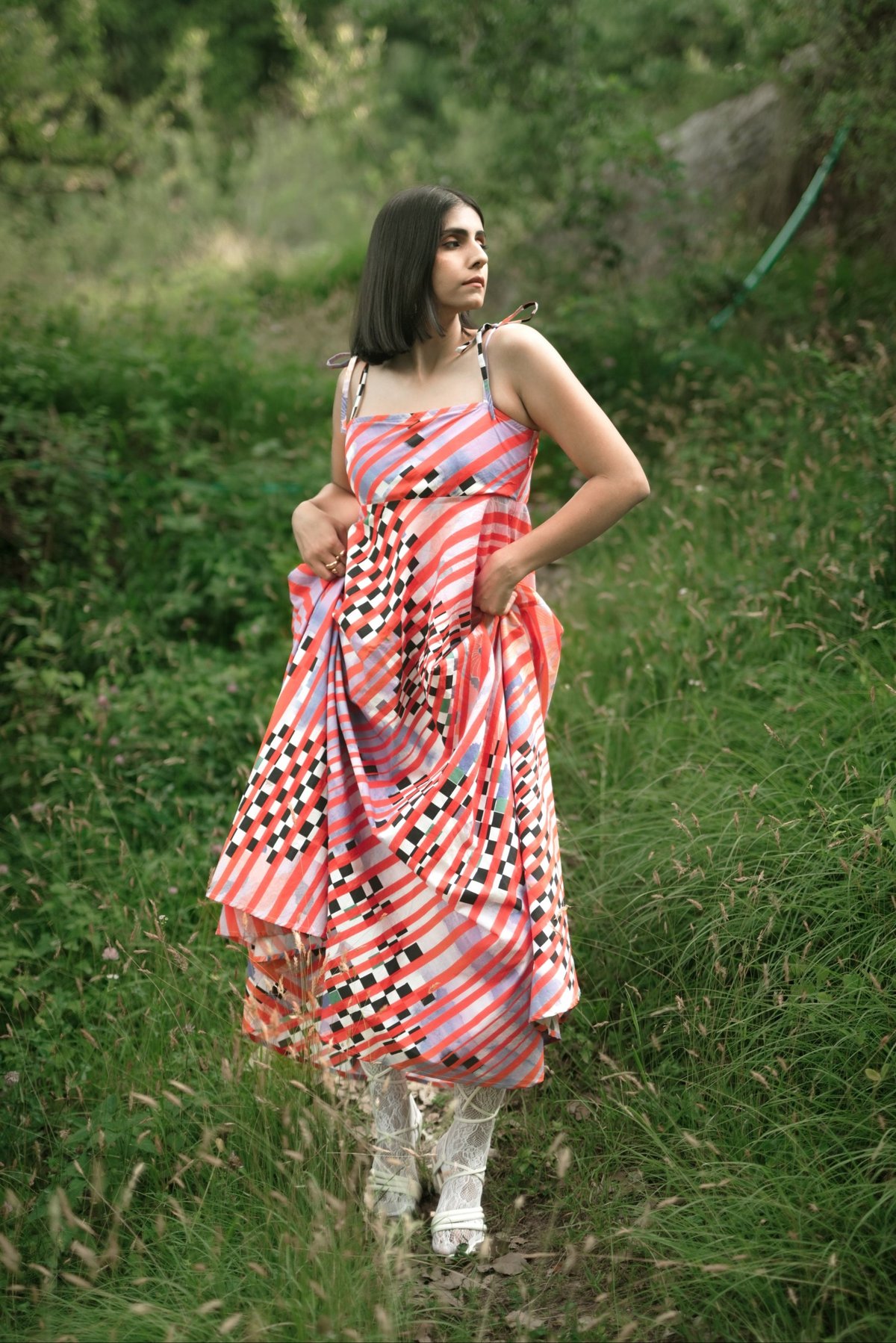 Abstract Orange Printed Fit and Flare Maxi Dress
