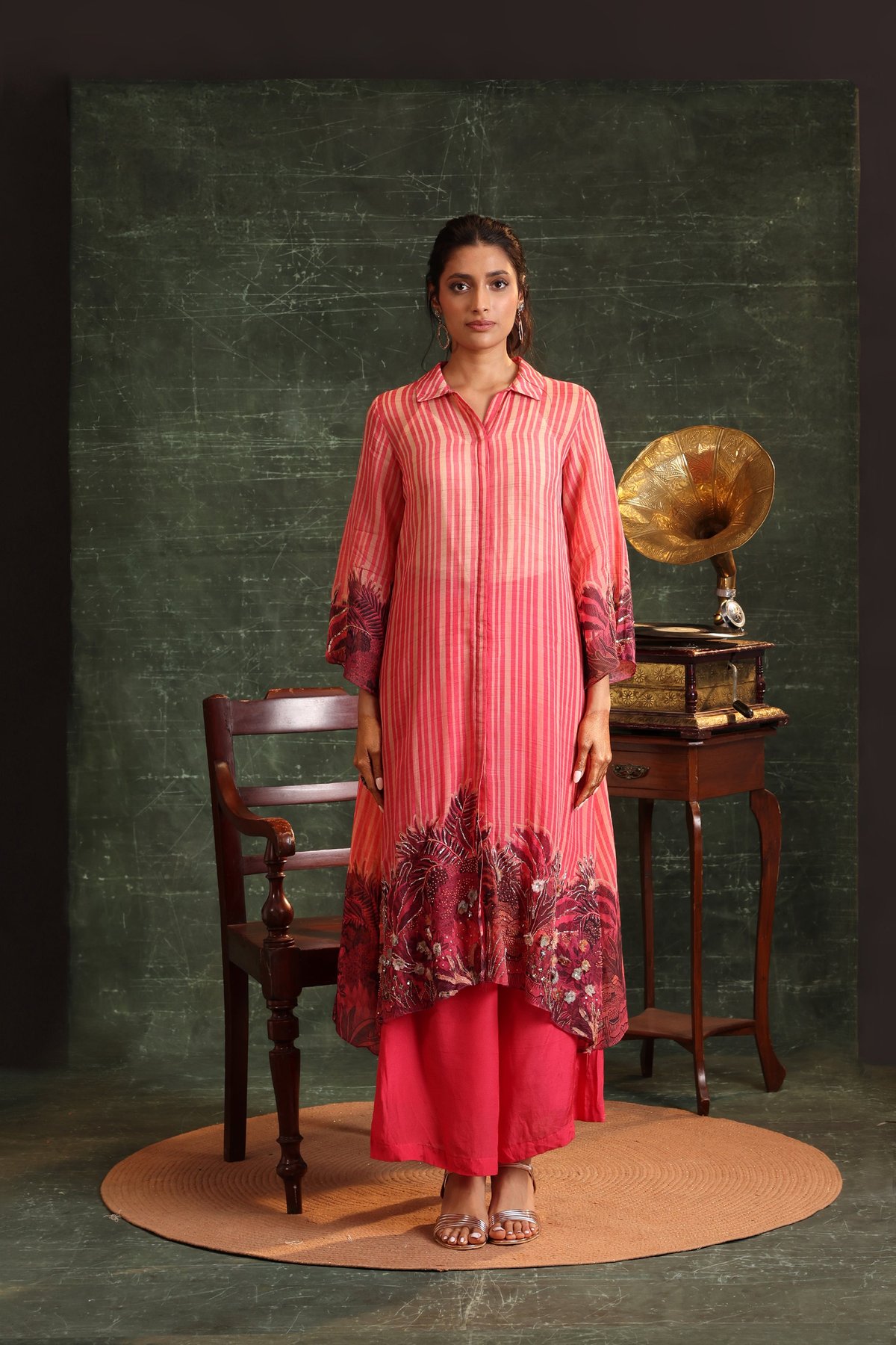 Pink Striped Shirt Kurta and Wide-Leg Pants Co-ord Set