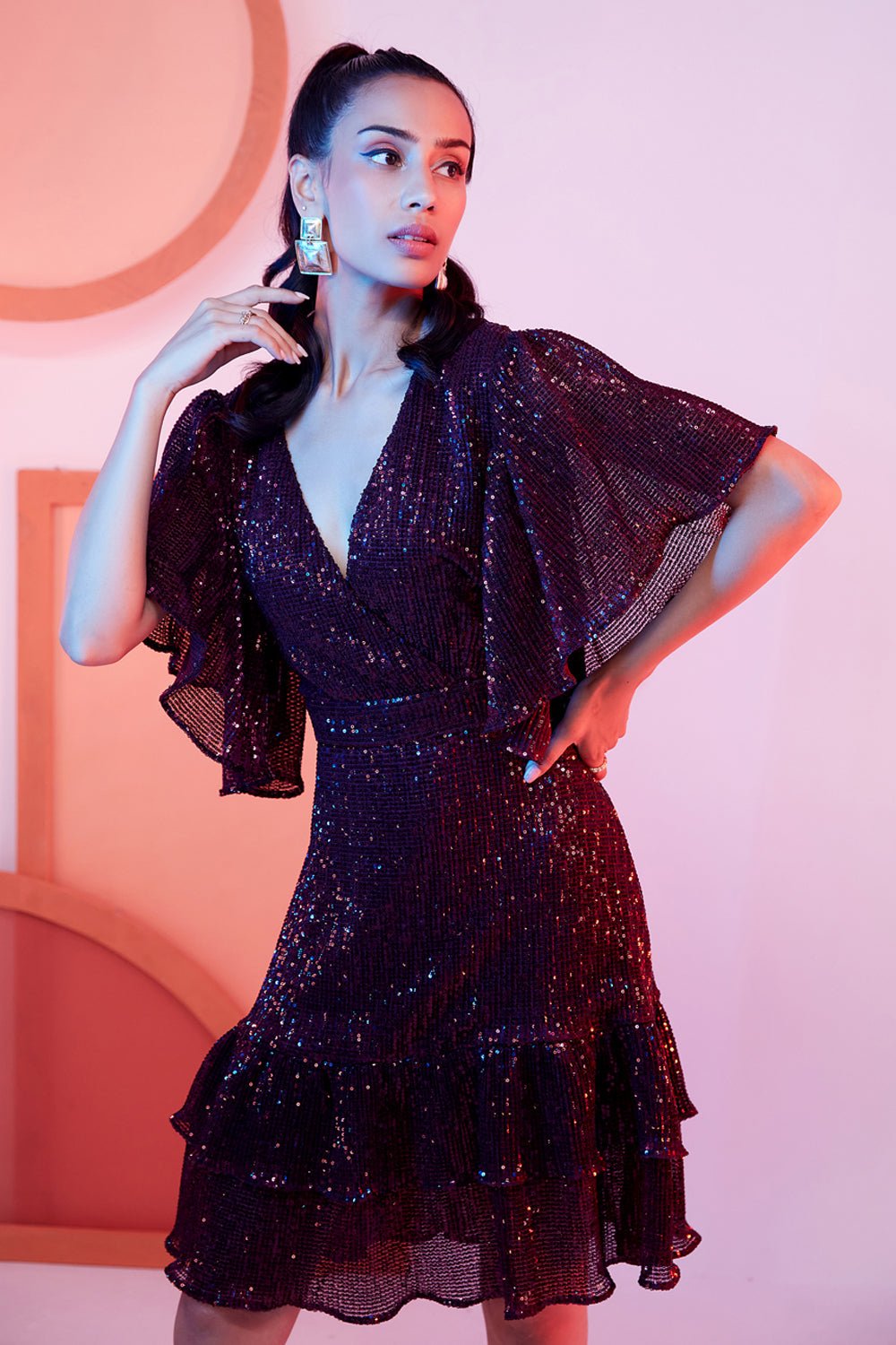 Maroon Sequin Tiered Midi Dress with Flutter Sleeves