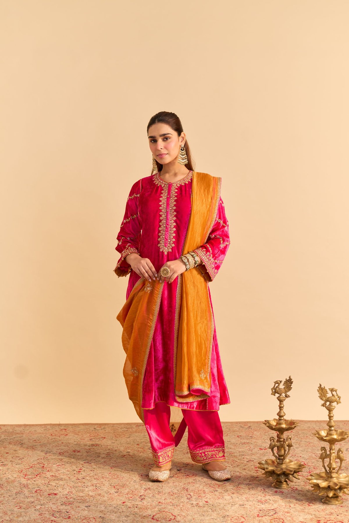 Hotpink Velvet Silk Embroidered Kurta Set with Salwar
