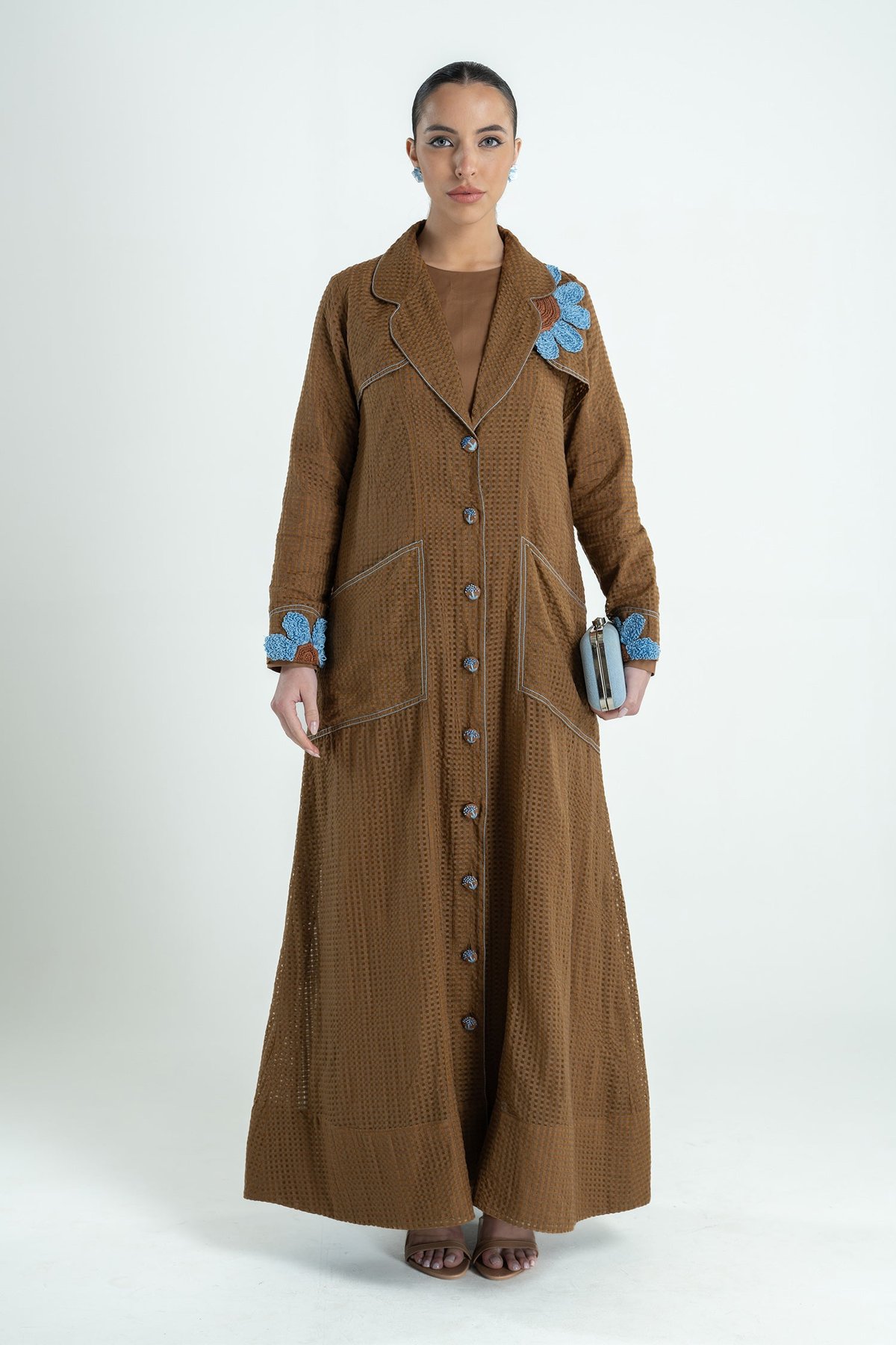 Tan Longline Embroidered Abaya Jacket