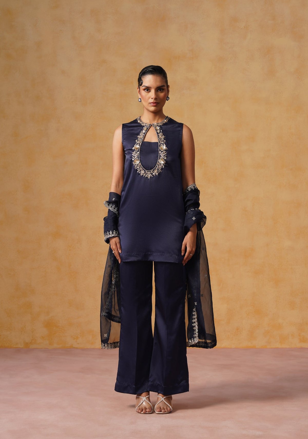 Navy Blue Satin Kurta Set with Embellished Keyhole Neck
