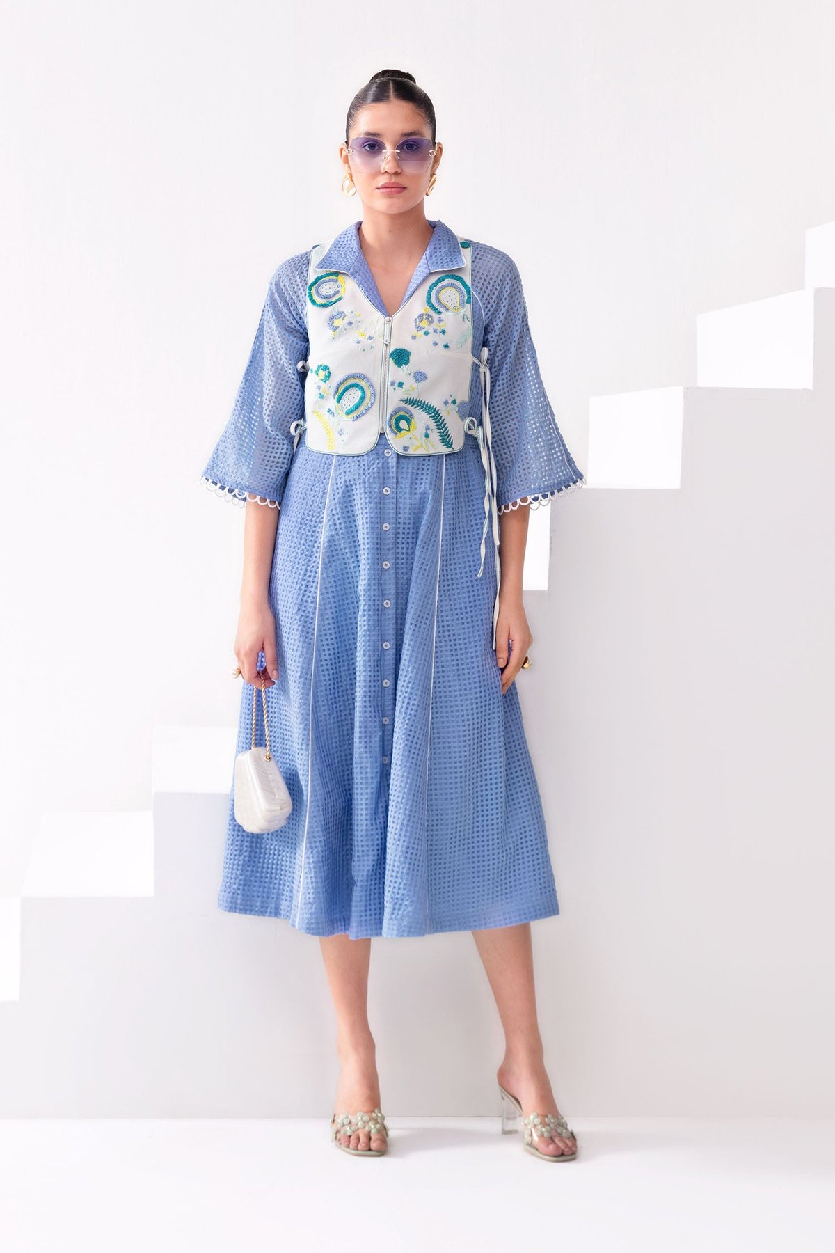 Blueberry Midi Shirt Dress with Embroidered White Half Jacket