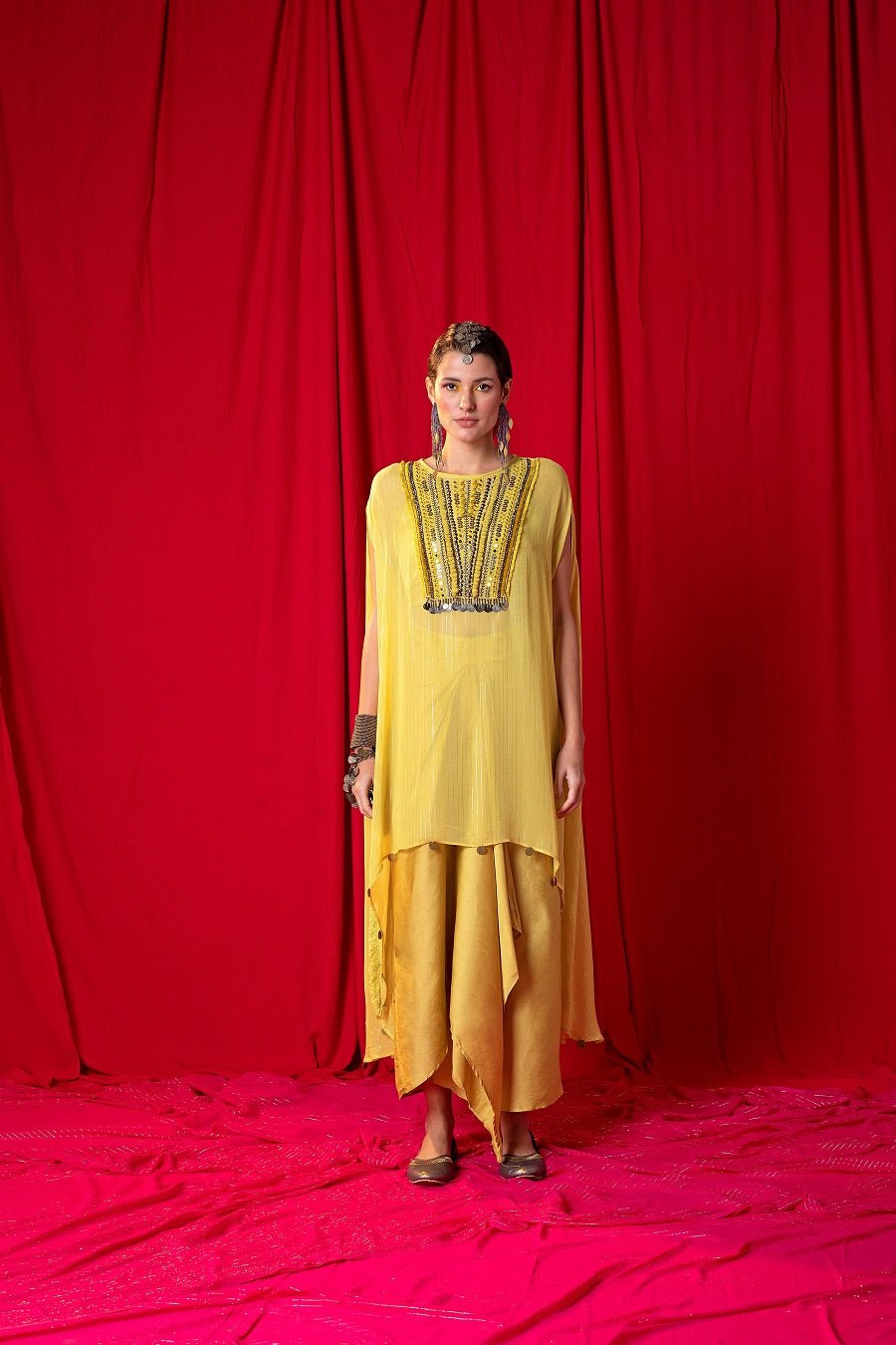 Lime Green Shimmer Tunic and Draped Maxi Skirt Co-ord Set