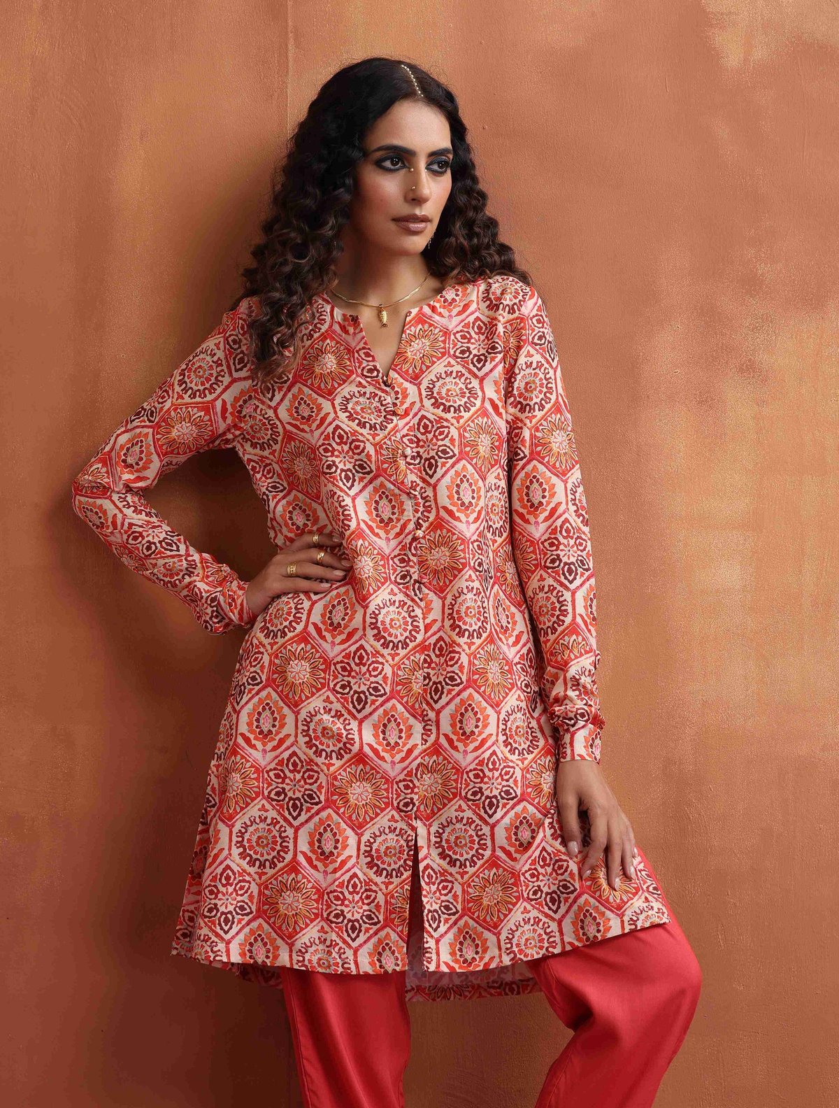 Beige Print Kurta Co-ord Set