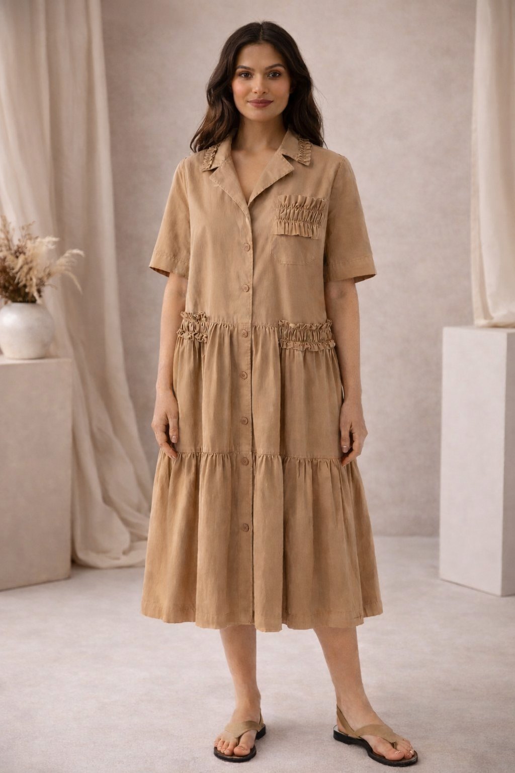 Beige Tiered Button-Down Shirt Dress