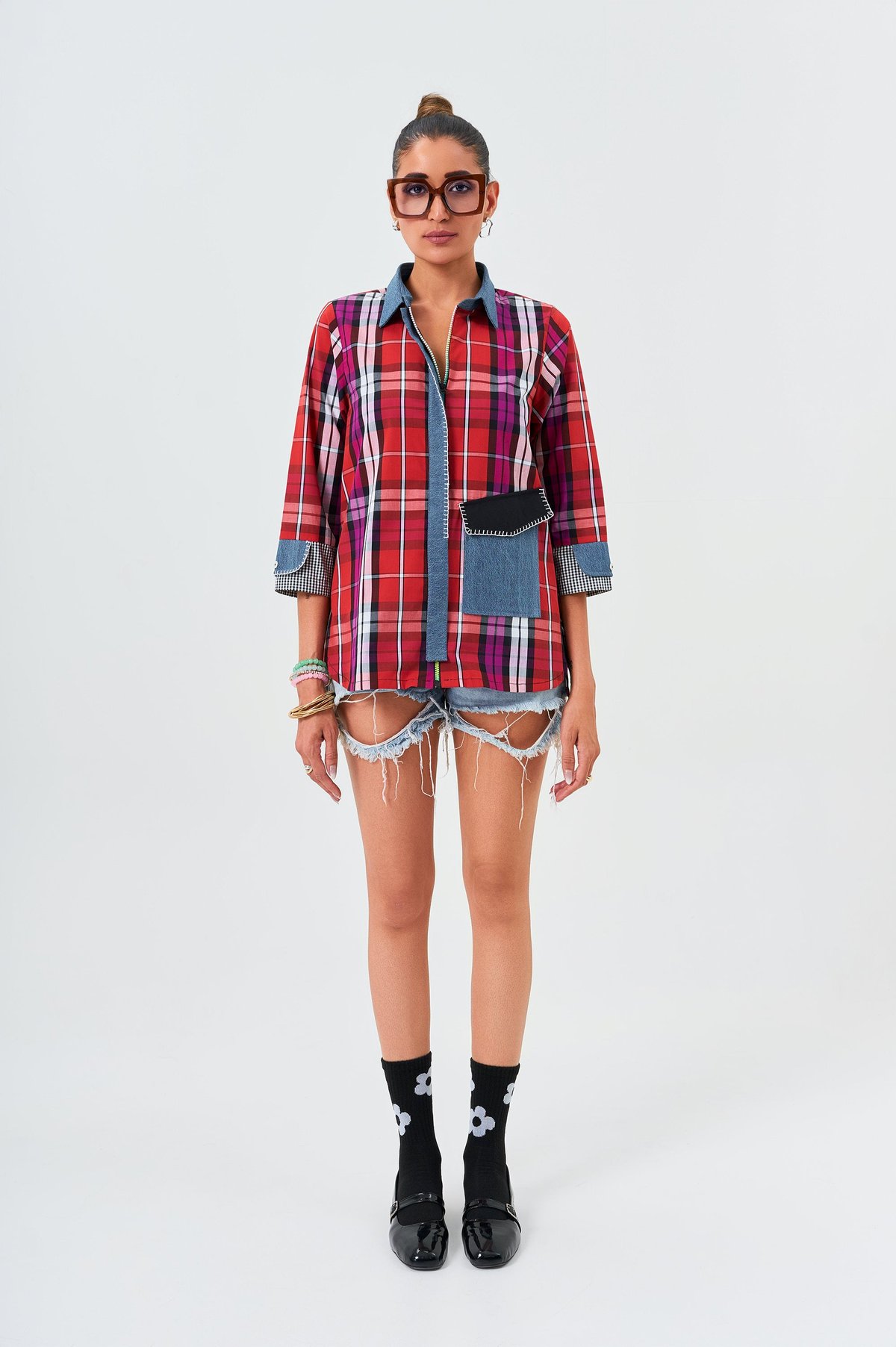Red Plaid Cotton Shirt with Contrast Denim Details