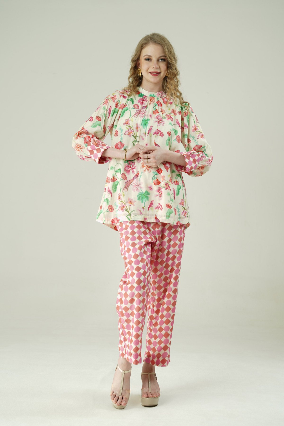 Ivory Printed Top and Pink Geometric Pants Co-ord Set