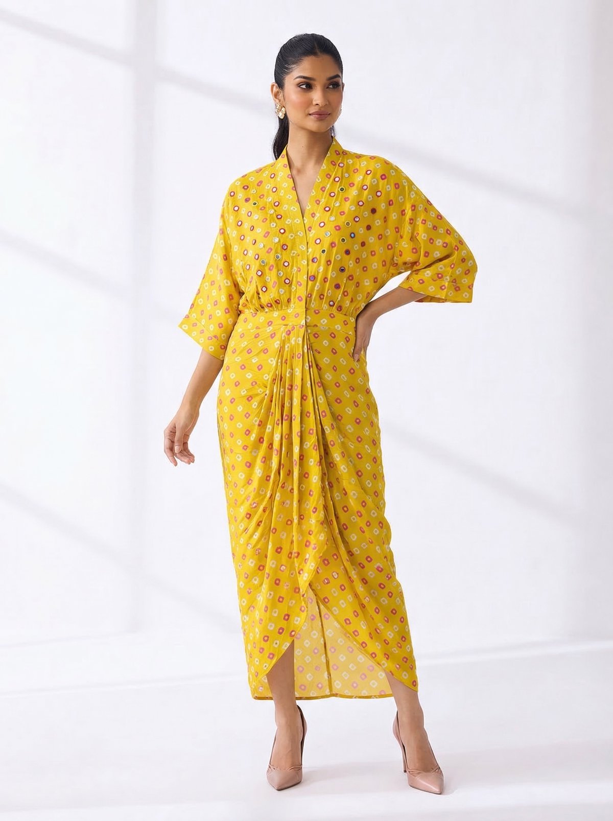 Yellow Geometric Print Wrap Midi Dress with Waist Tie