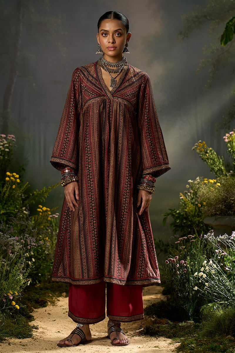 Deep Maroon and Black Printed Silk Kurta Co-ord Set