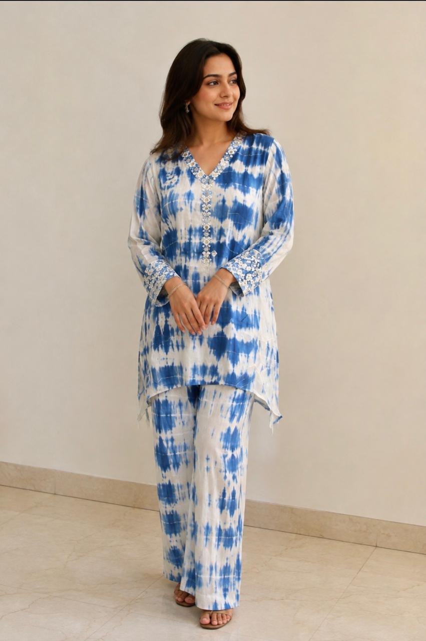 Tie & Dye Blue colour with Mirror work on pure modal satin with full cuff sleeves with palazzo pants