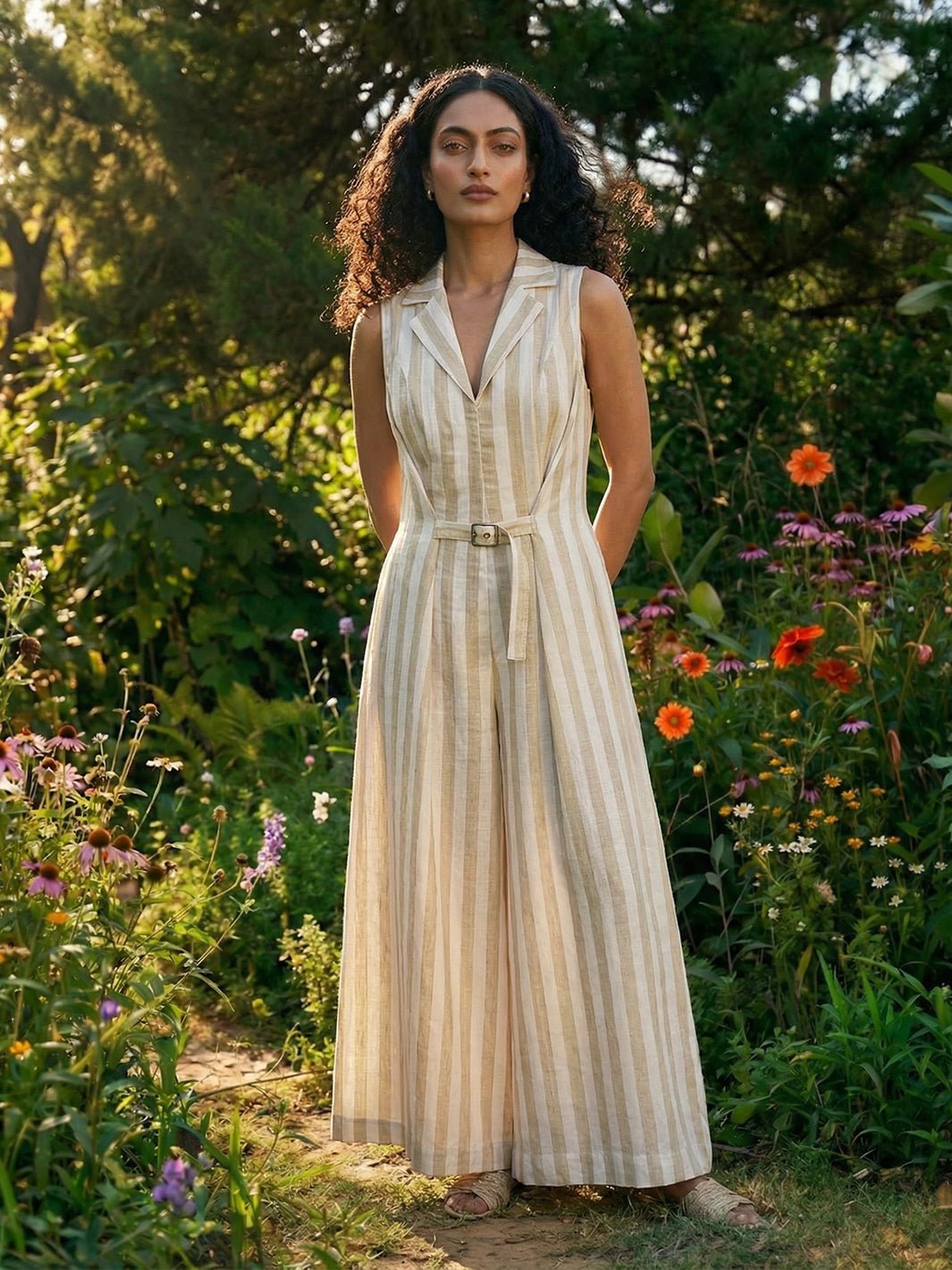 Beige Striped Cotton-Linen Belted Wide-Leg Jumpsuit