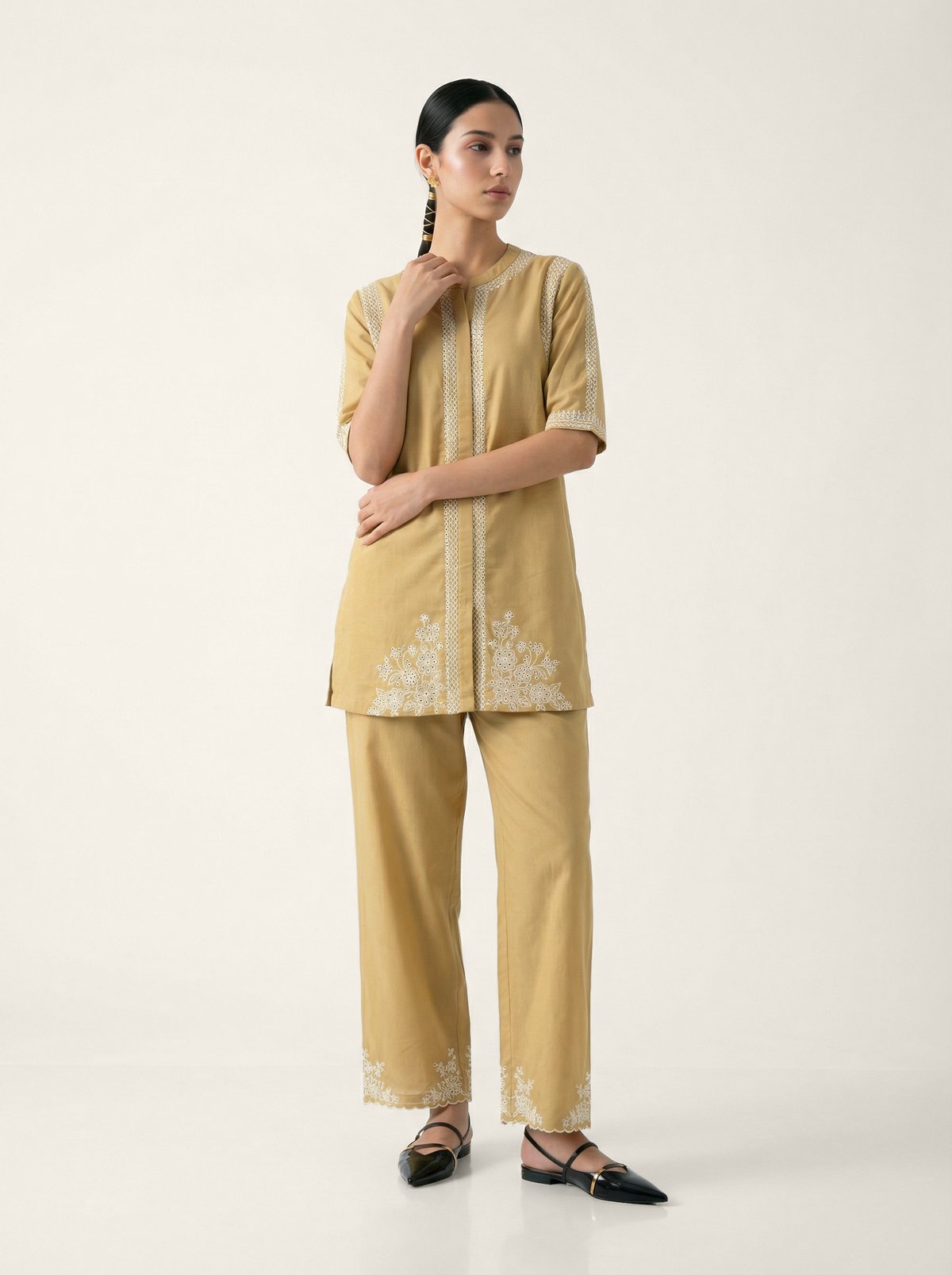 Beige Schiffli Embroidered Kurta and Pants Co-ord Set