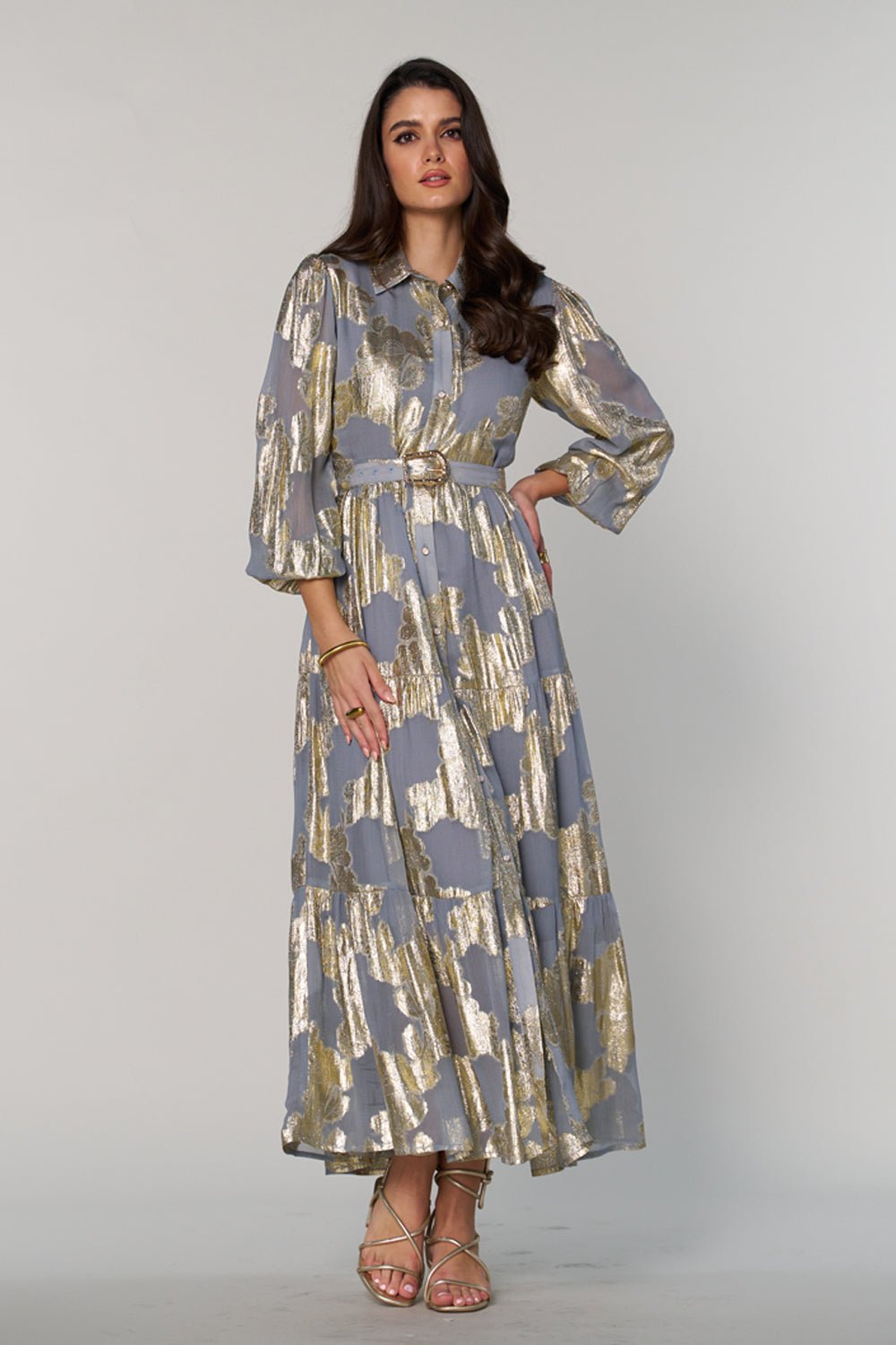 Grey and Gold Metallic Tiered Maxi Shirt Dress