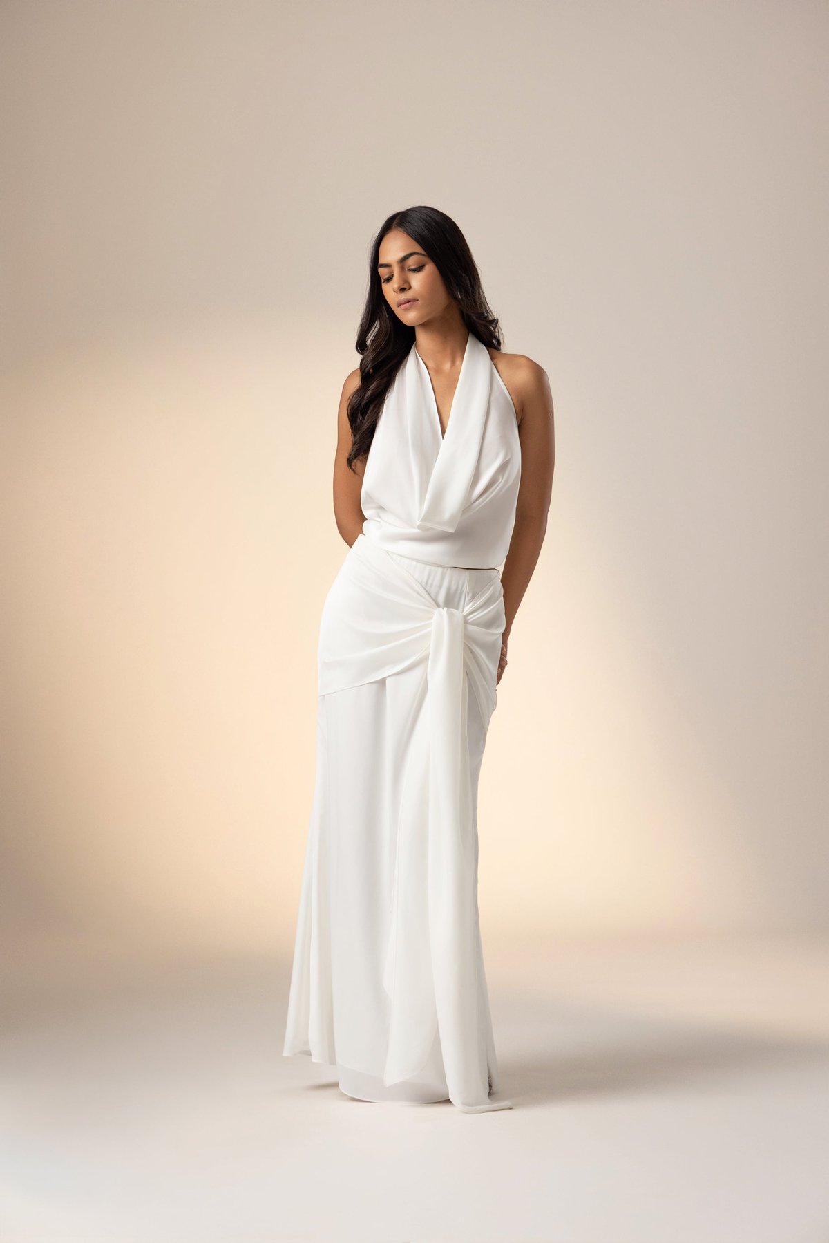 White Satin Draped Knot Maxi Skirt