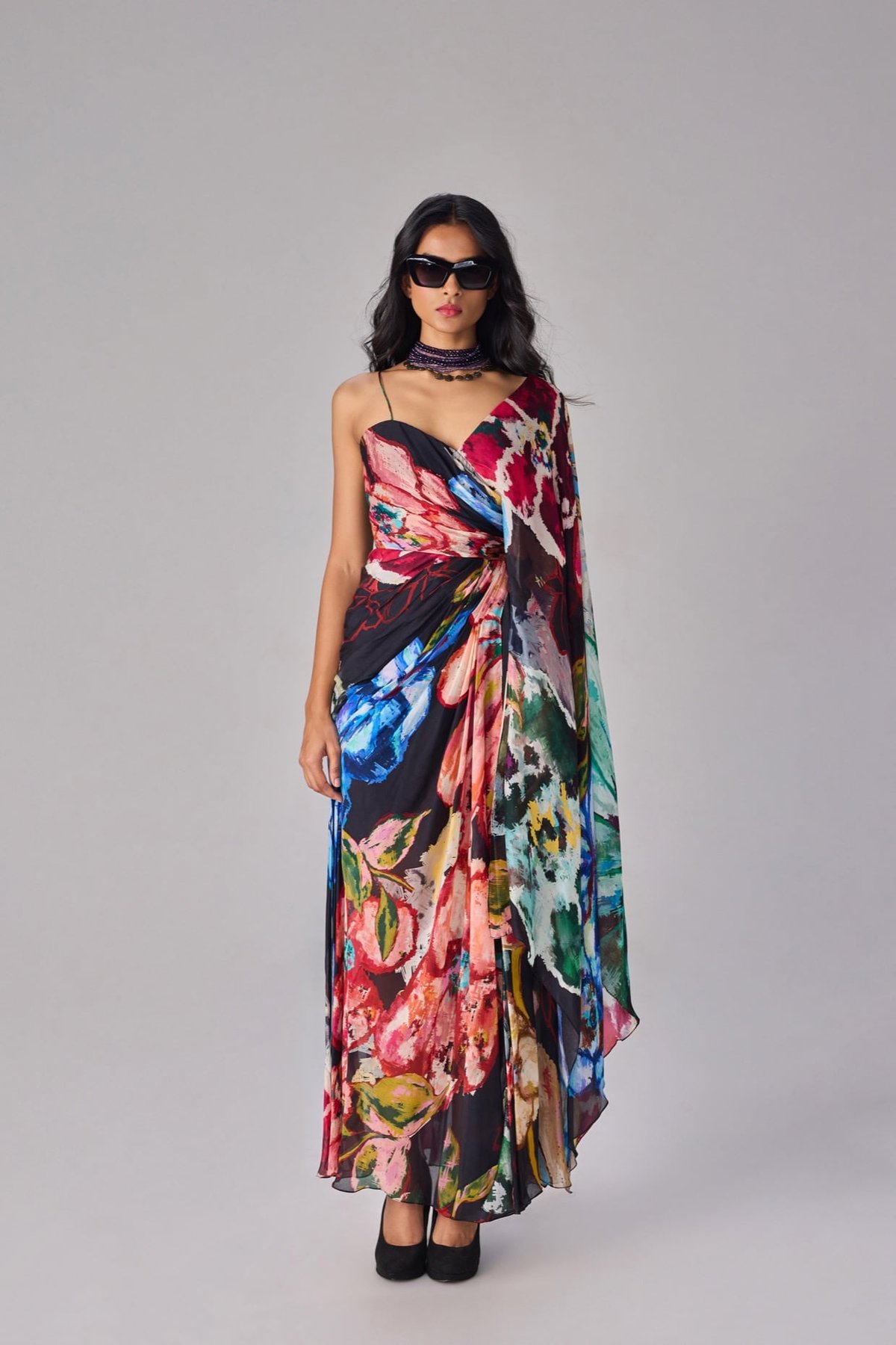 Multi Colour Floral One-Shoulder Chiffon Maxi Dress