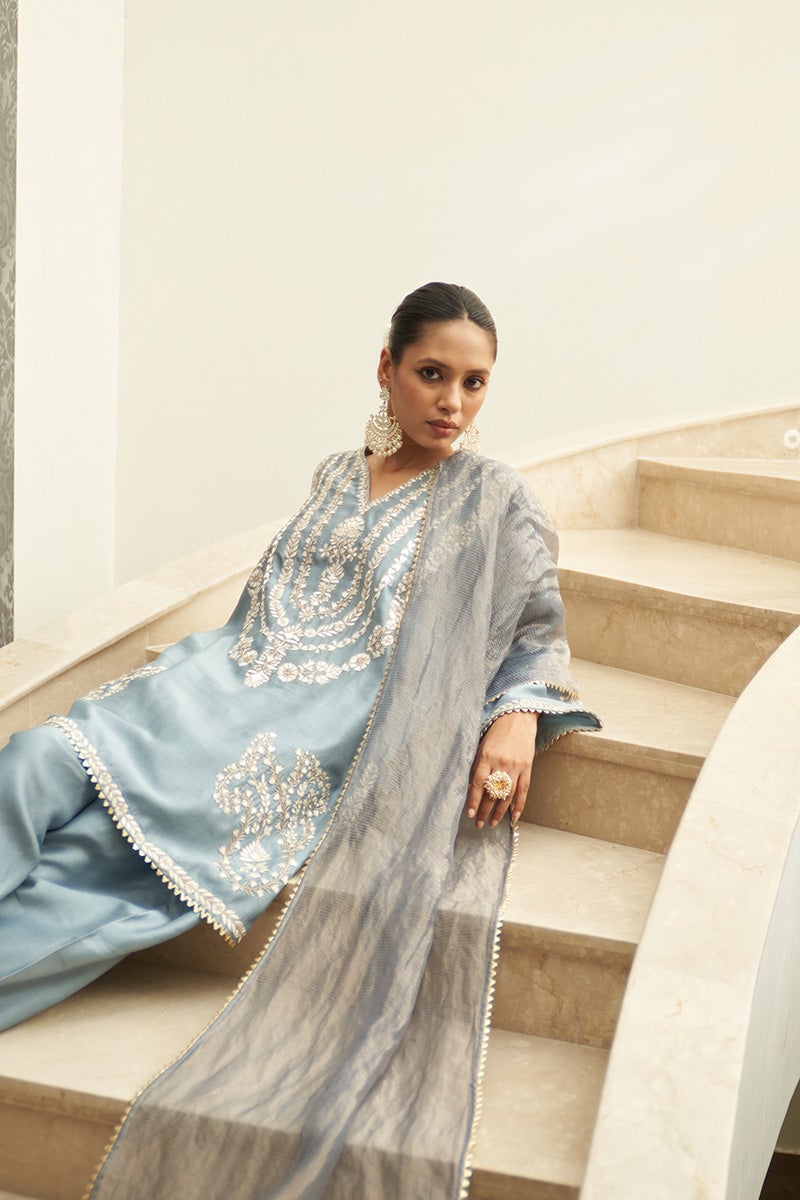 Blue Chanderi Silk Embroidered Kurta Set