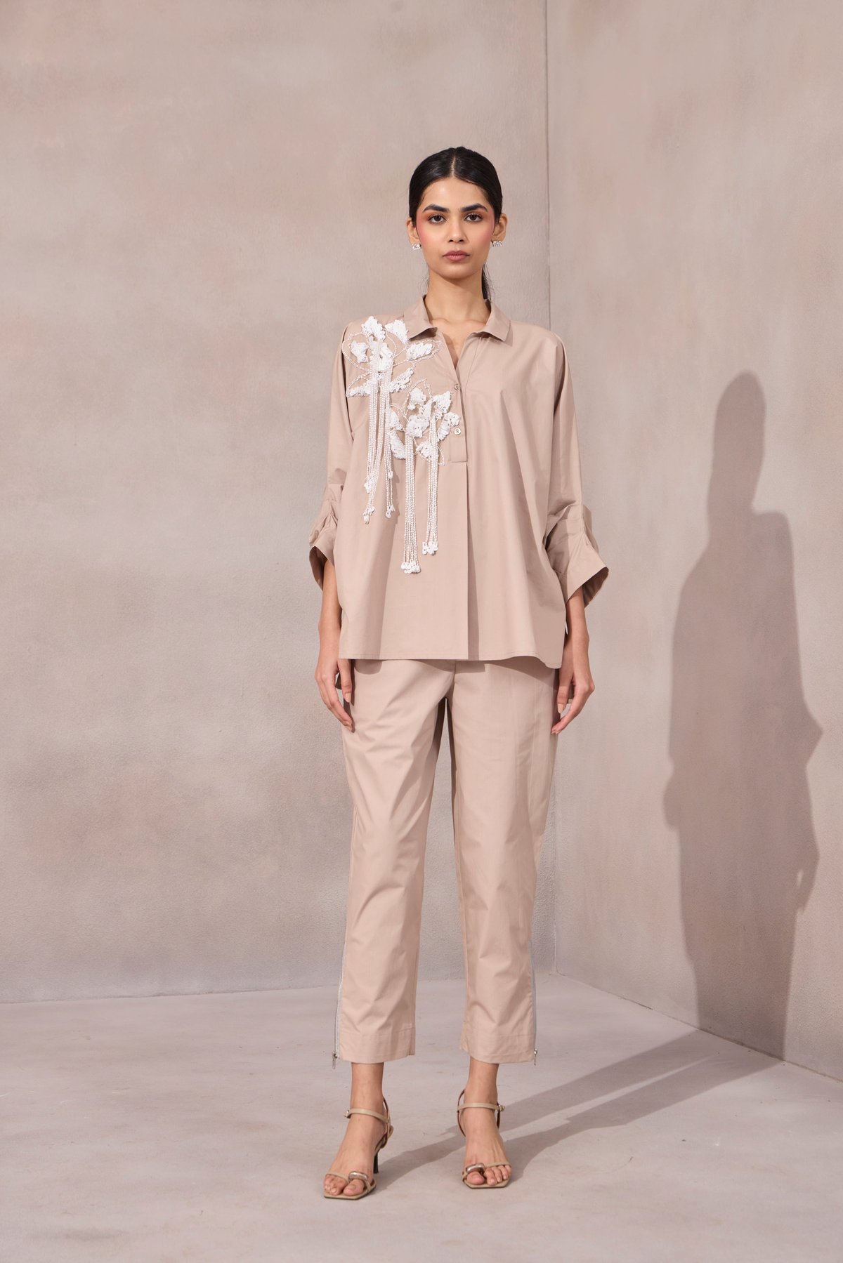Ginger Beige Applique Shirt and Pants Co-ord Set