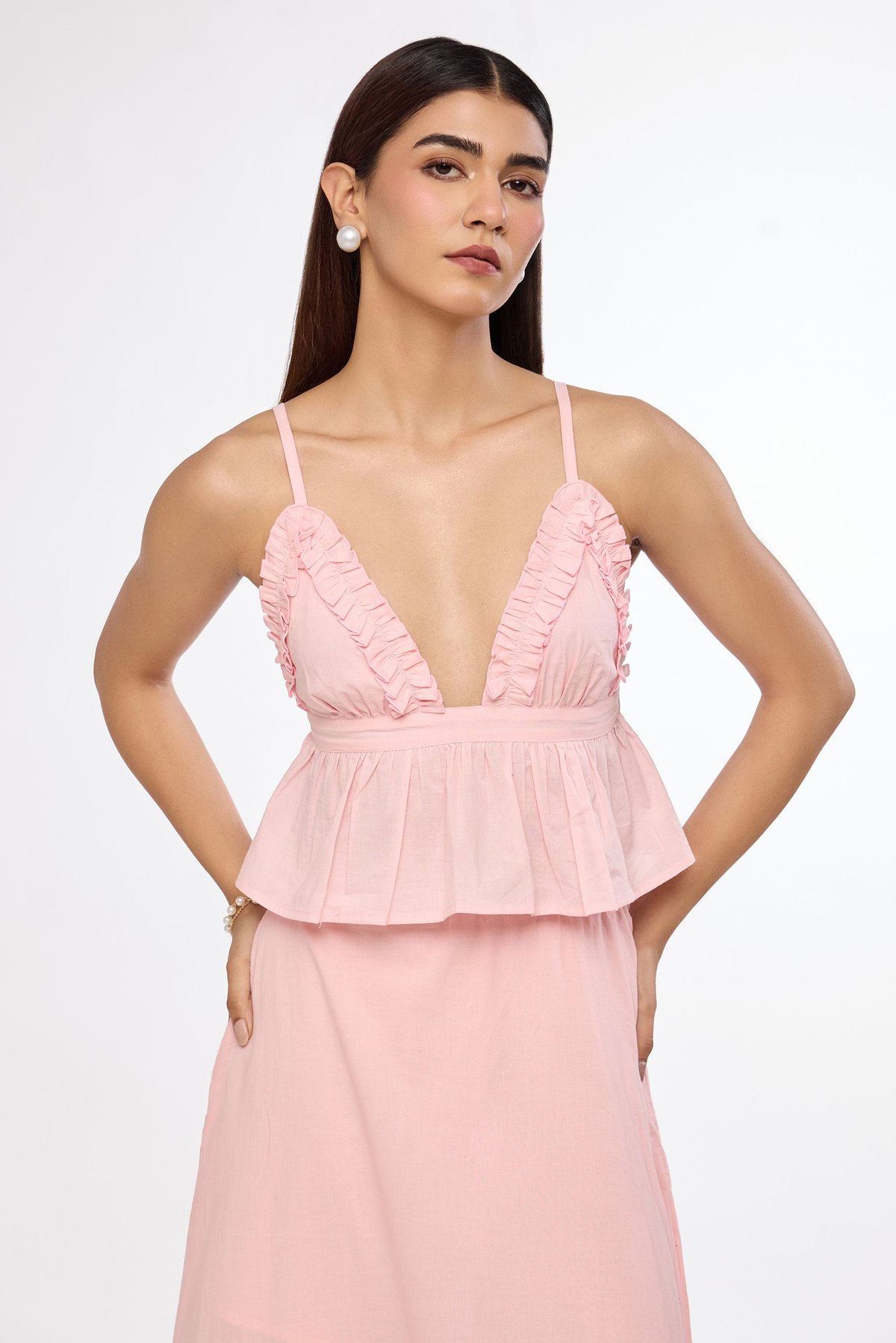 Soft Pink Cropped Ruffle V-Neck Cami Top